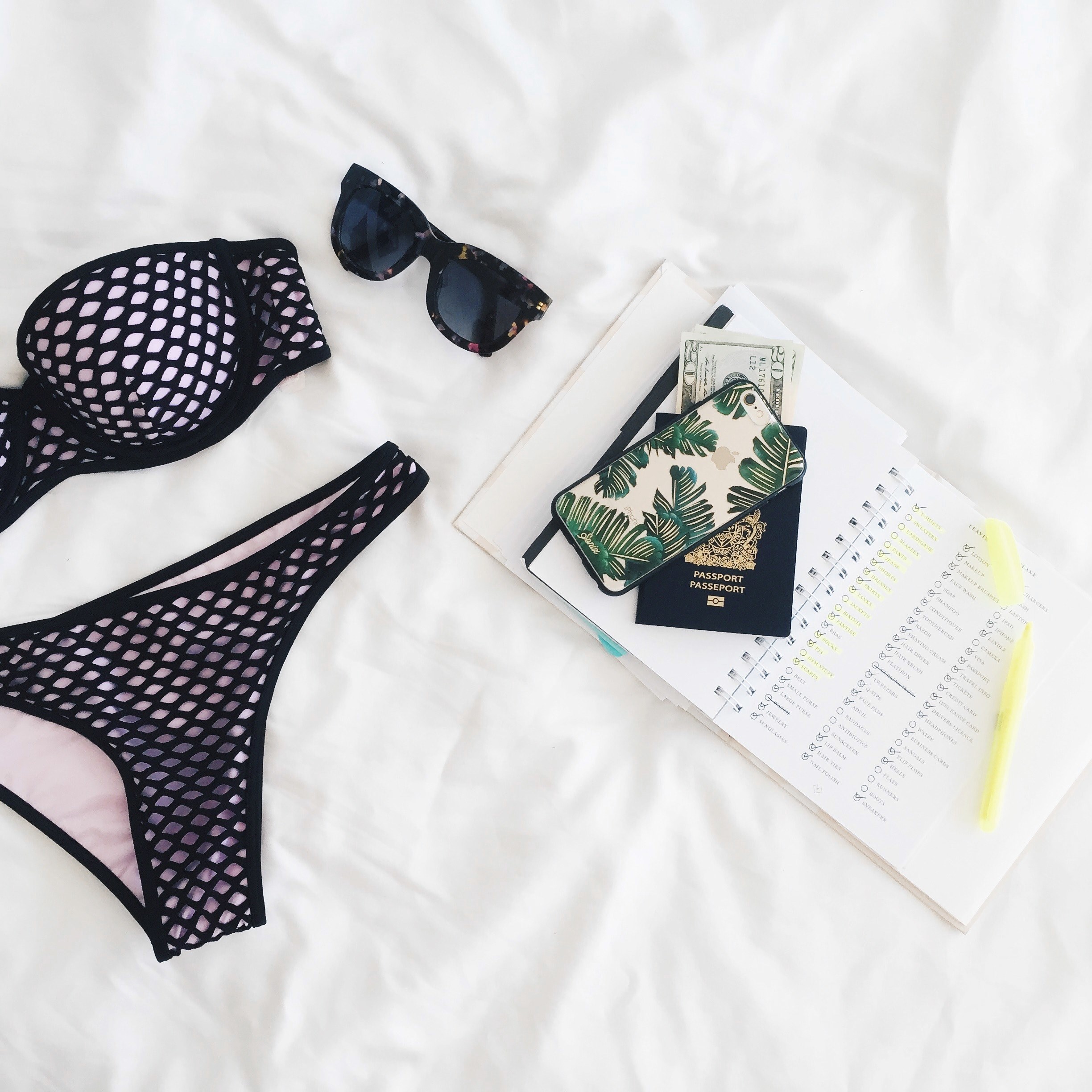 a flatlay with a notebook a phone a passport sunglasses and a bikini, vacation mode 4k, HD Wallpaper