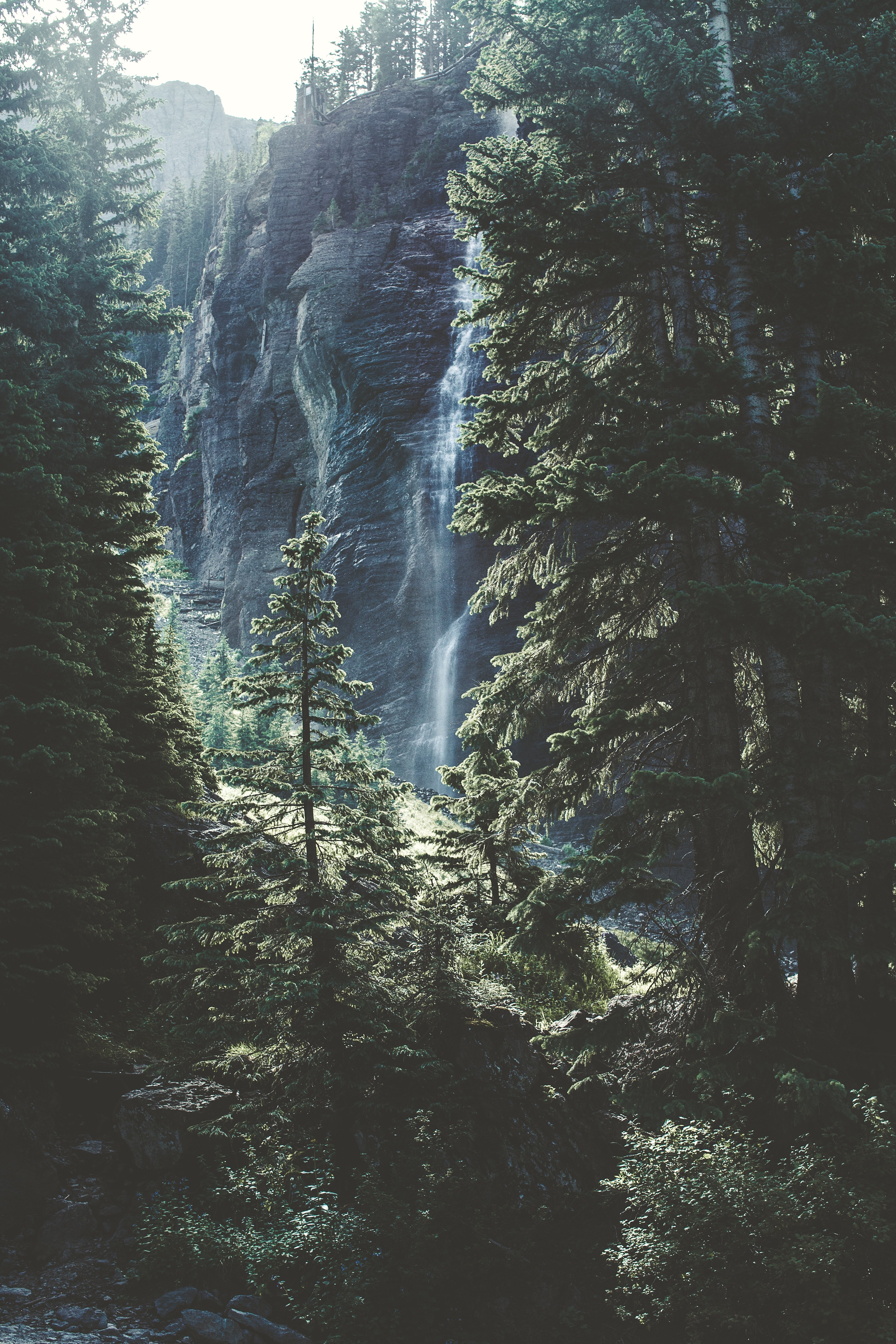 a waterfall pouring down a steep rocky face near coniferous woods in telluride, waterfall in telluride 4k, Phone HD Wallpaper
