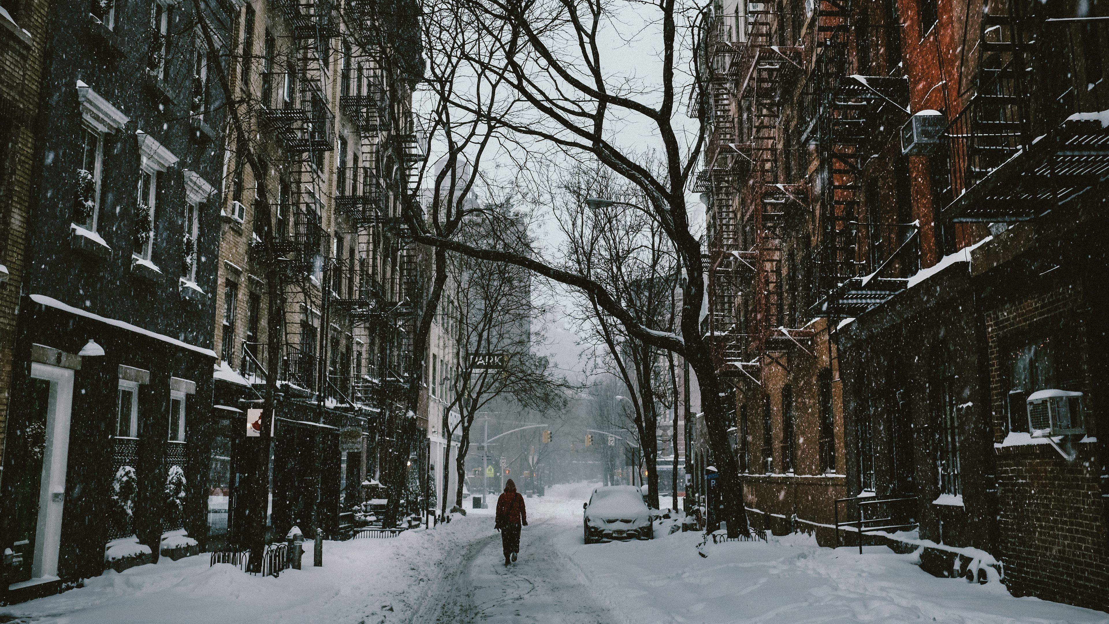 city, house, winter, snow, street, 4k, HD Wallpaper