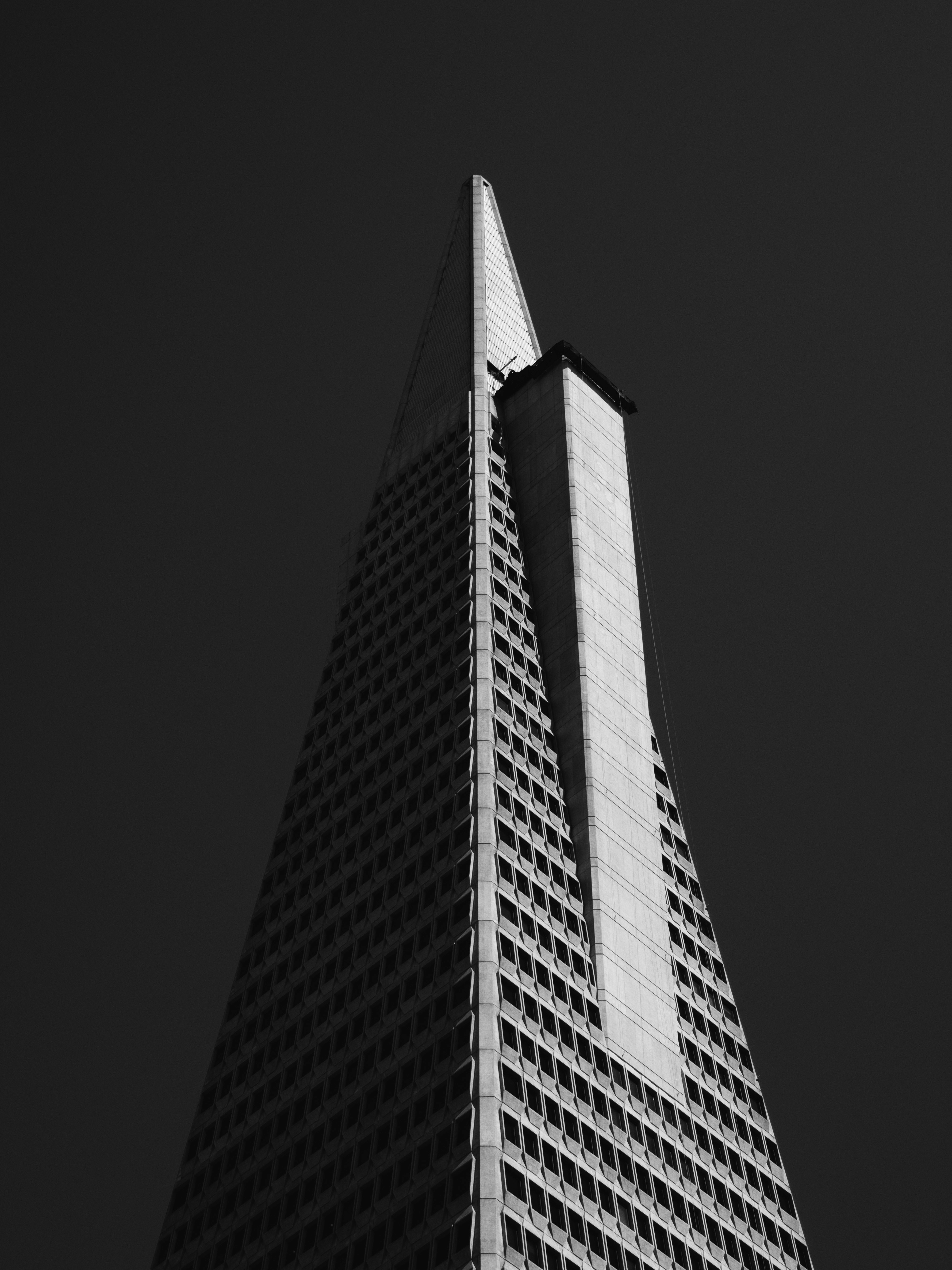 black and white shot of transamerica pyramid skyscraper in new york from below, transamerica pyramid in bampw 4k, Phone HD Wallpaper