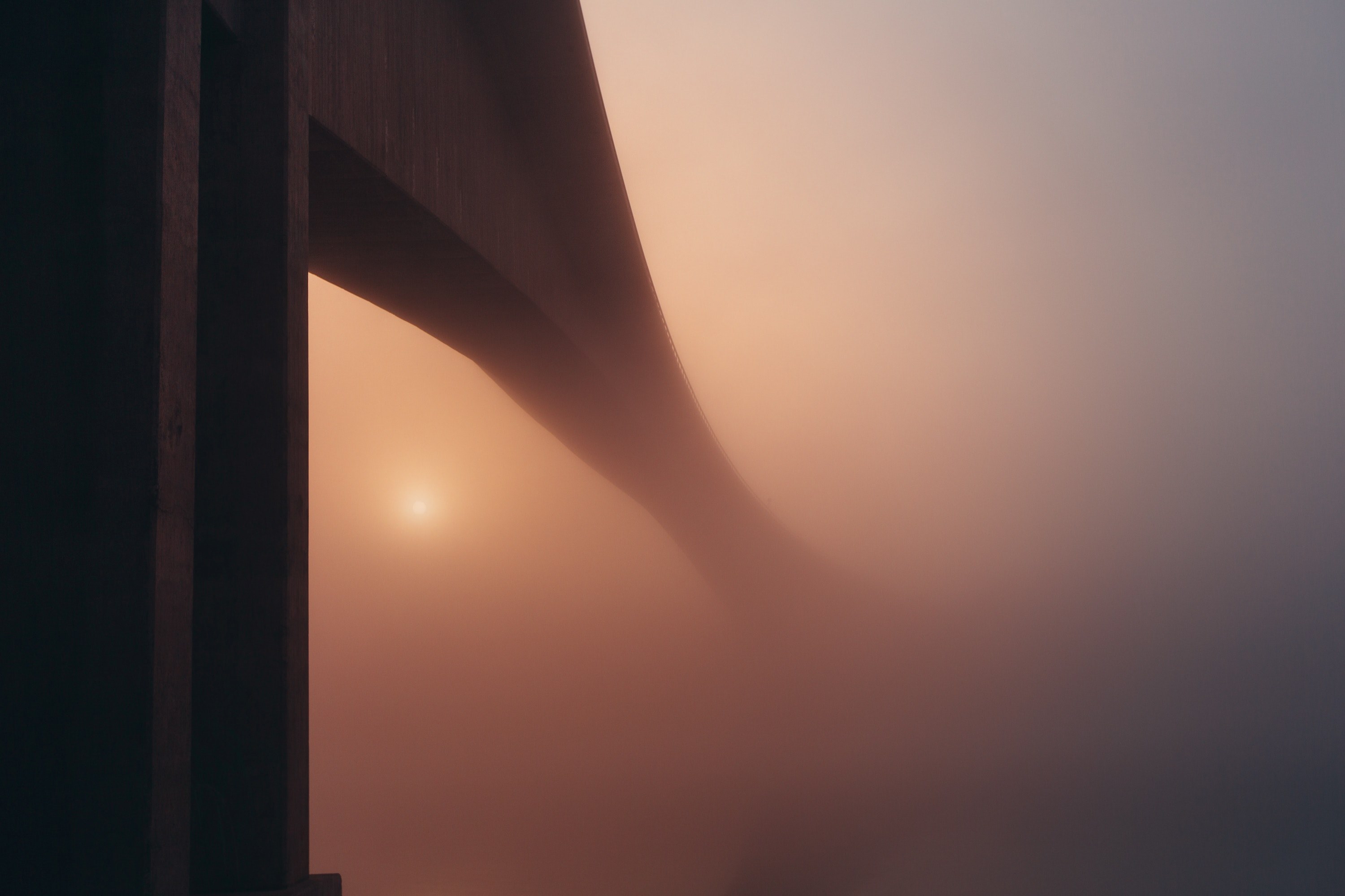 bridge disappears into mist on a foggy day in stockholm, bridge in the mist 4k, HD Wallpaper