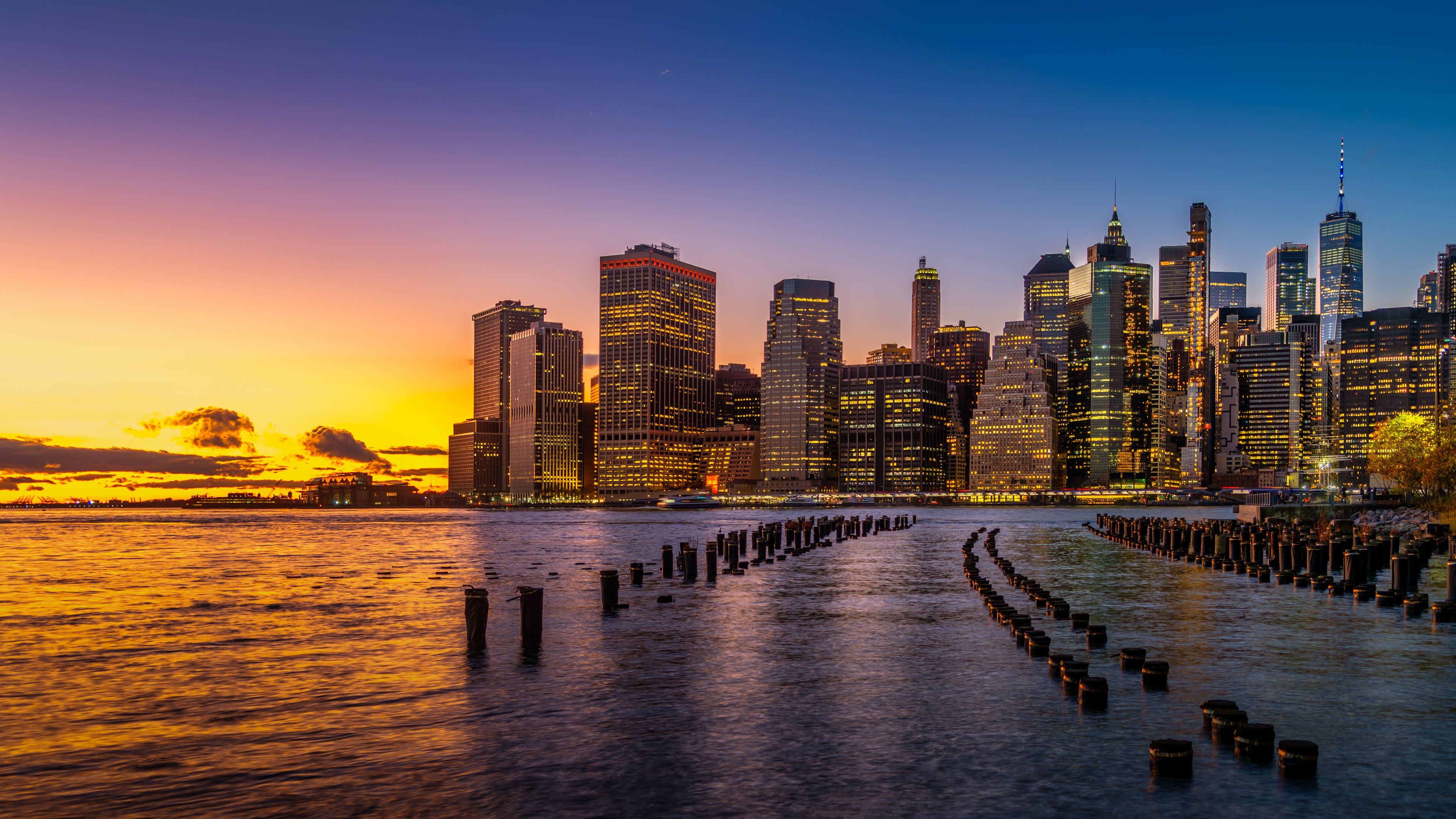 city, river, evening, lights, 4k, HD Wallpaper