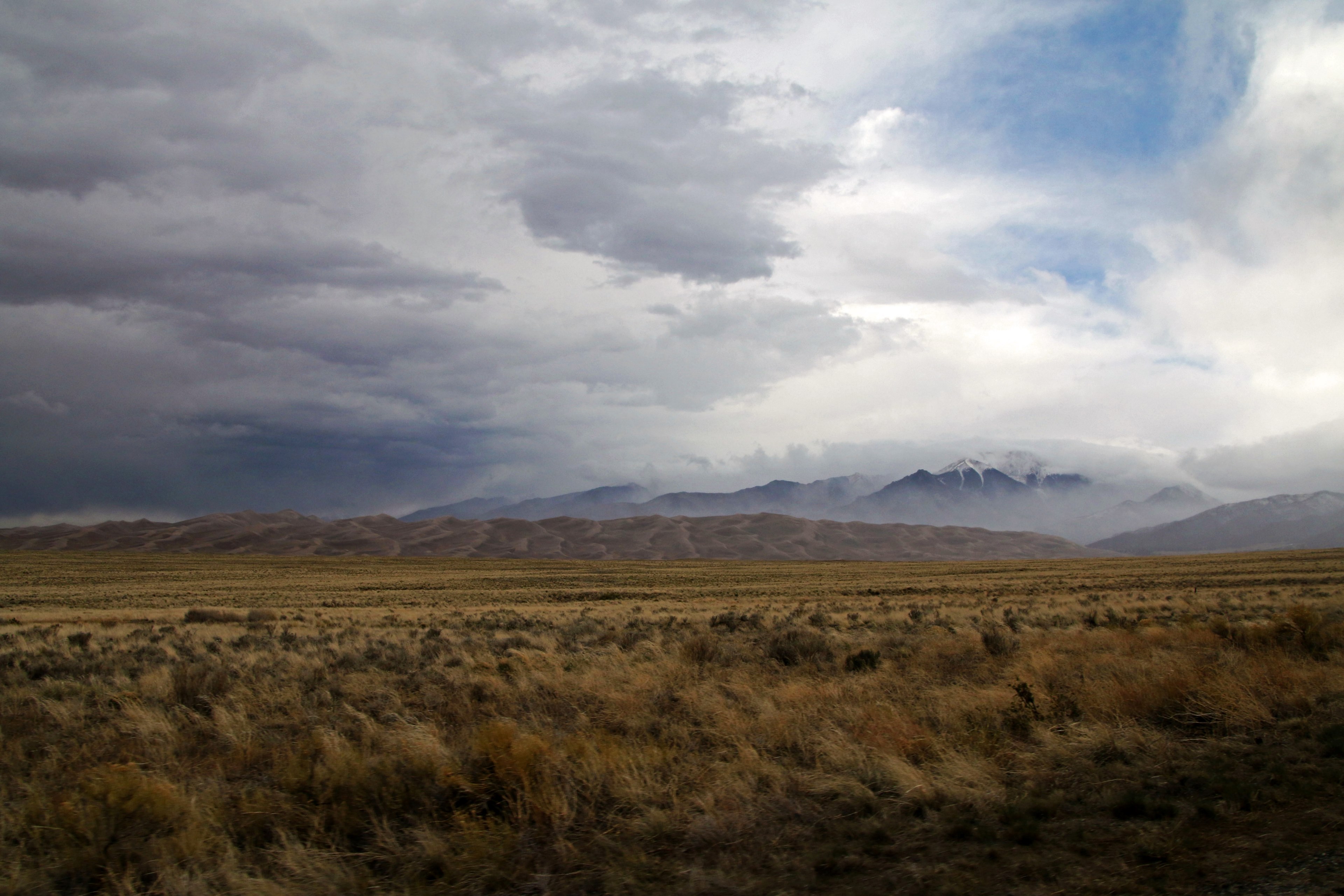 a golden grassland with sandy dunes and snow capped mountains on the horizon, golden grassland on a cloudy day 4k, HD Wallpaper
