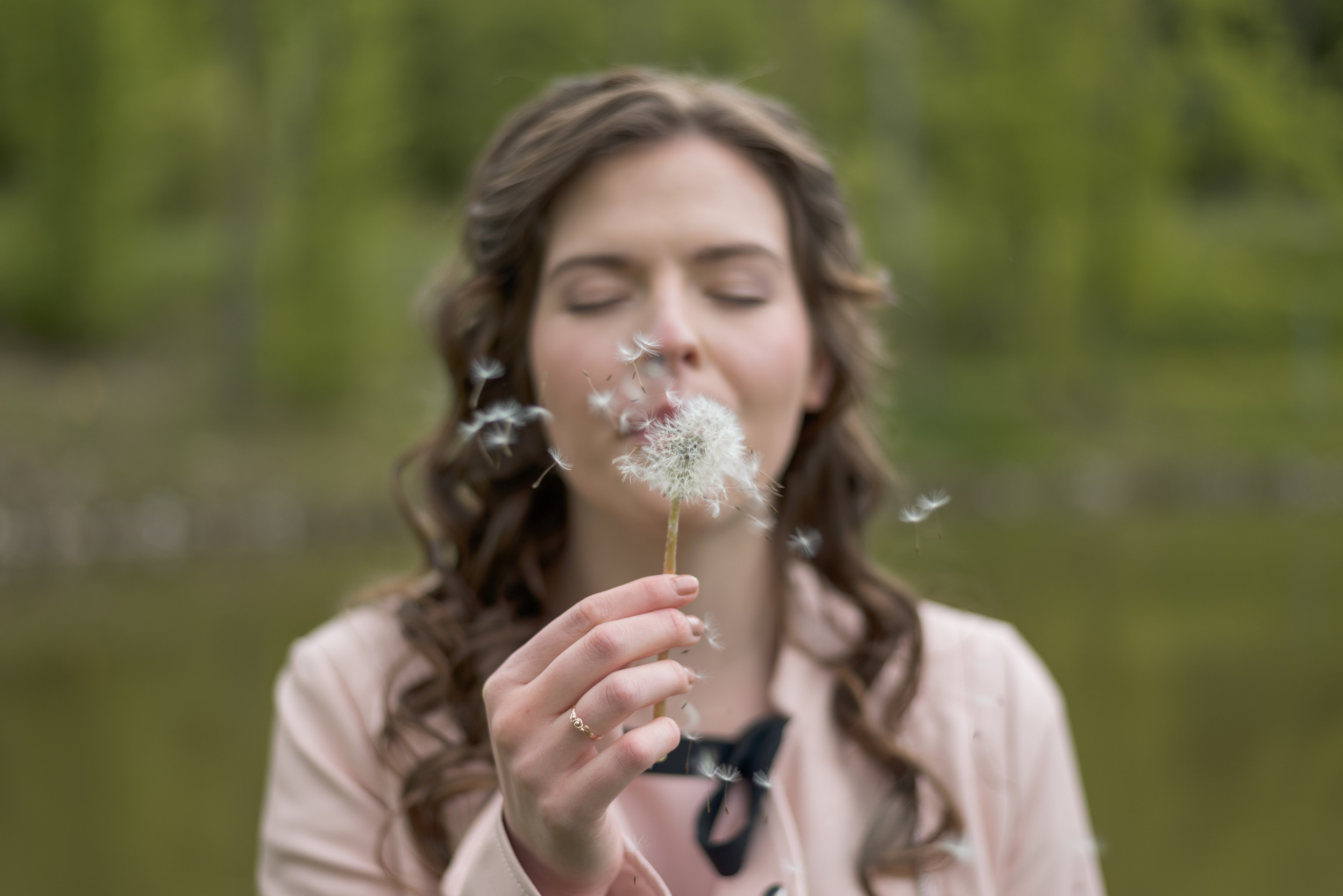 a woman with eyes closed blows seeds from a dandelion against a green background, woman blowing dandelion 4k, HD Wallpaper