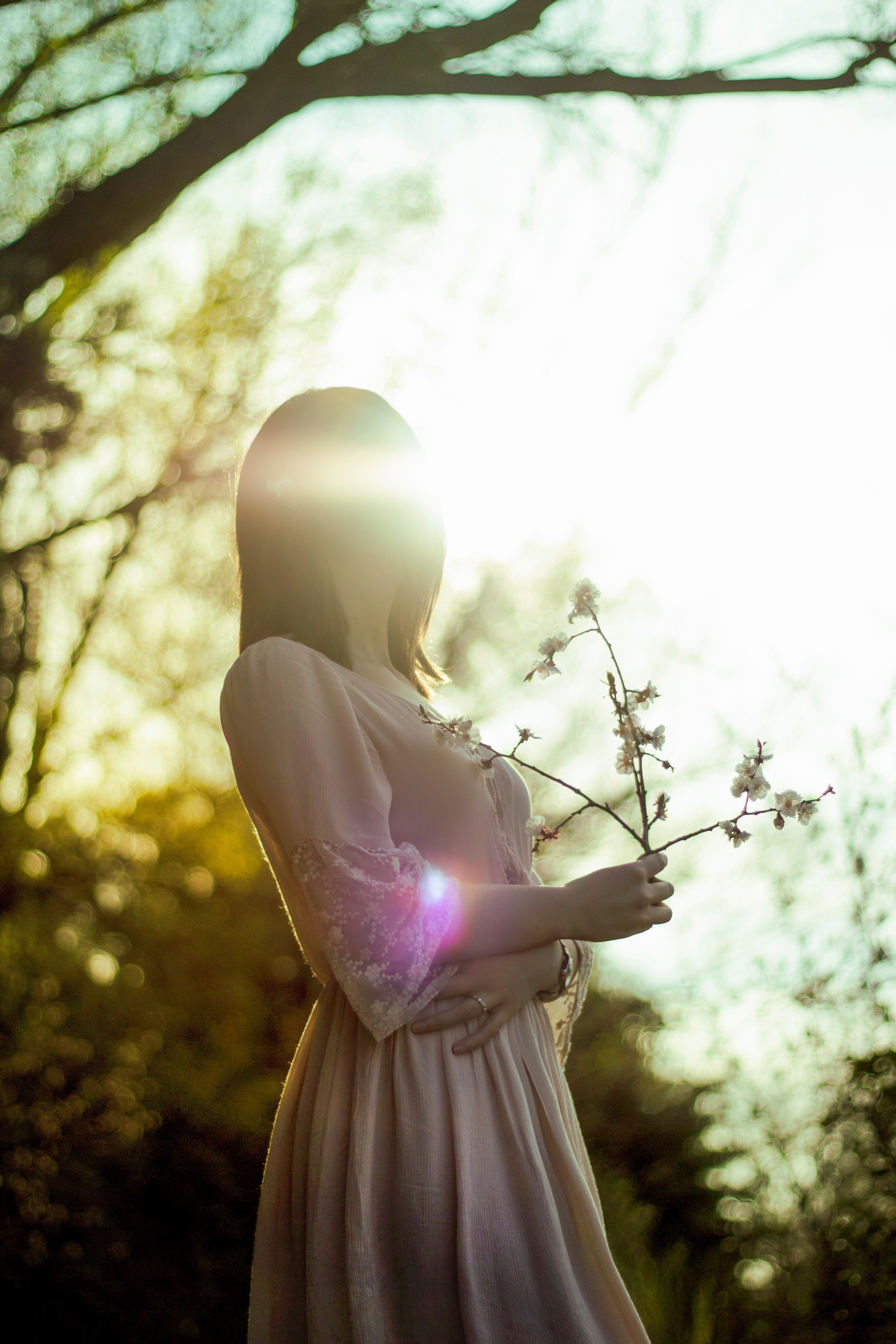 a woman in a dress standing under a tree and holding a branch with white blossom, phantom 4k, Phone HD Wallpaper