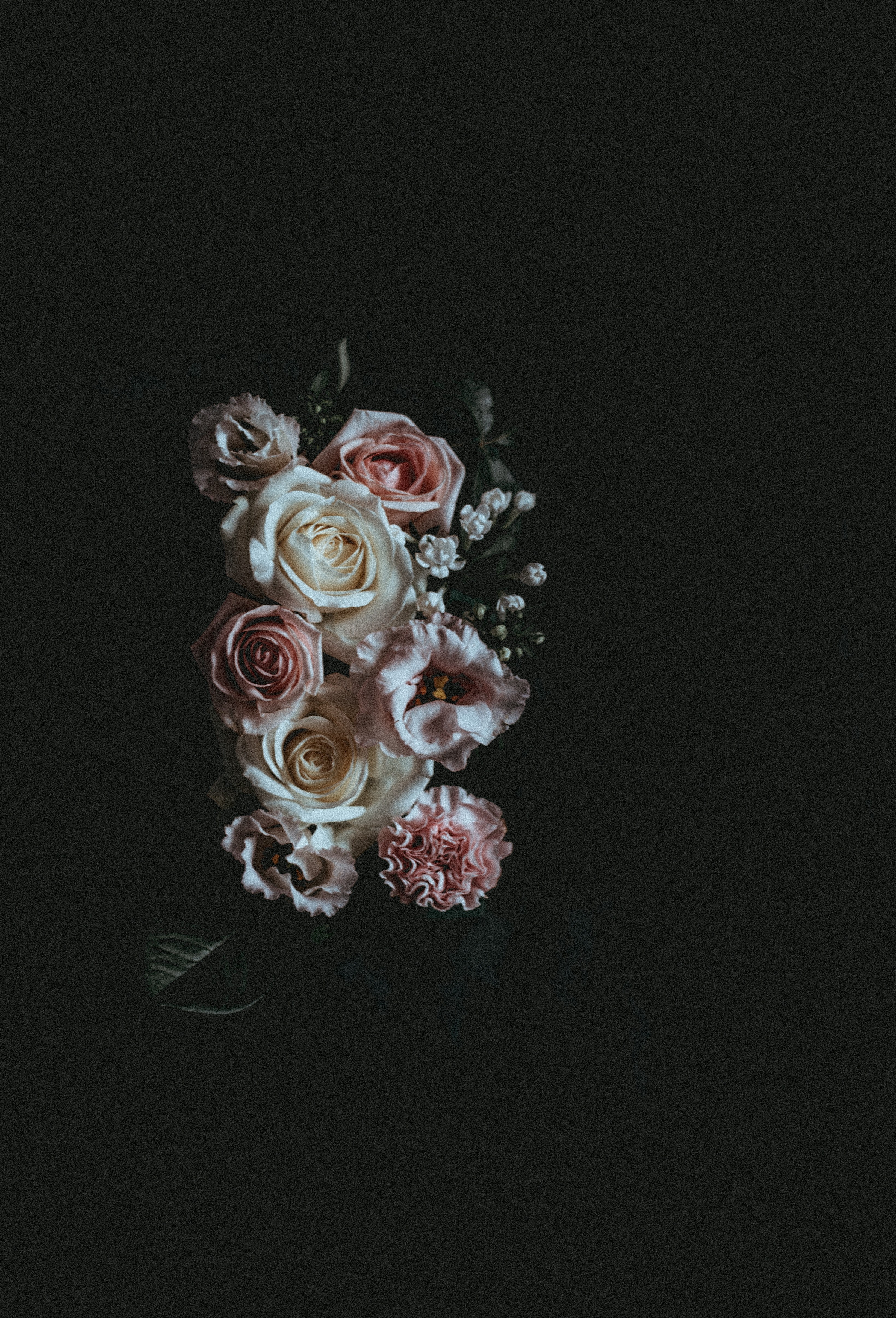 a dark photo of a flower arrangement consisting of pink and white roses, dark florals 4k, Phone HD Wallpaper