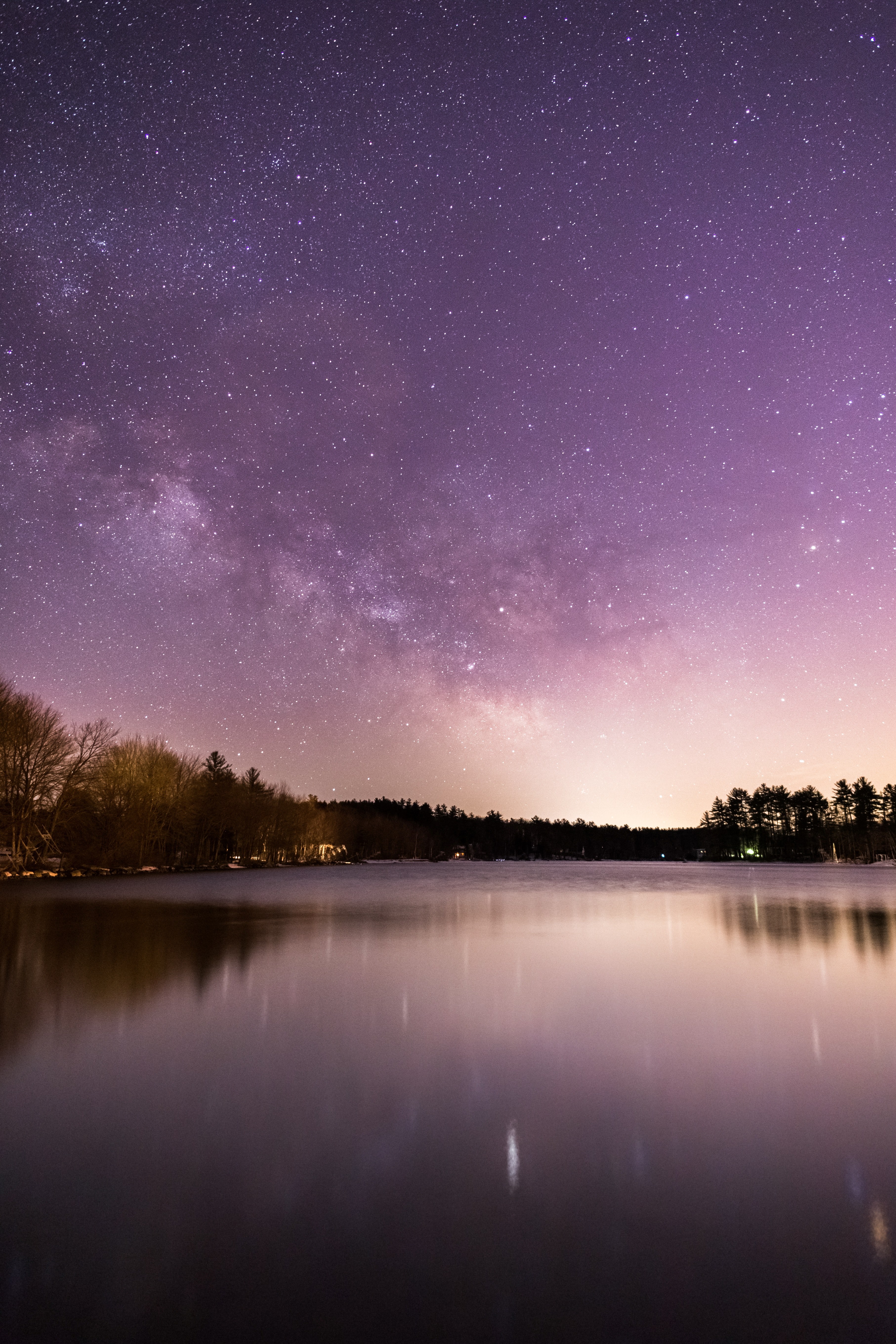 milky way over a small lake town 4k, Phone HD Wallpaper