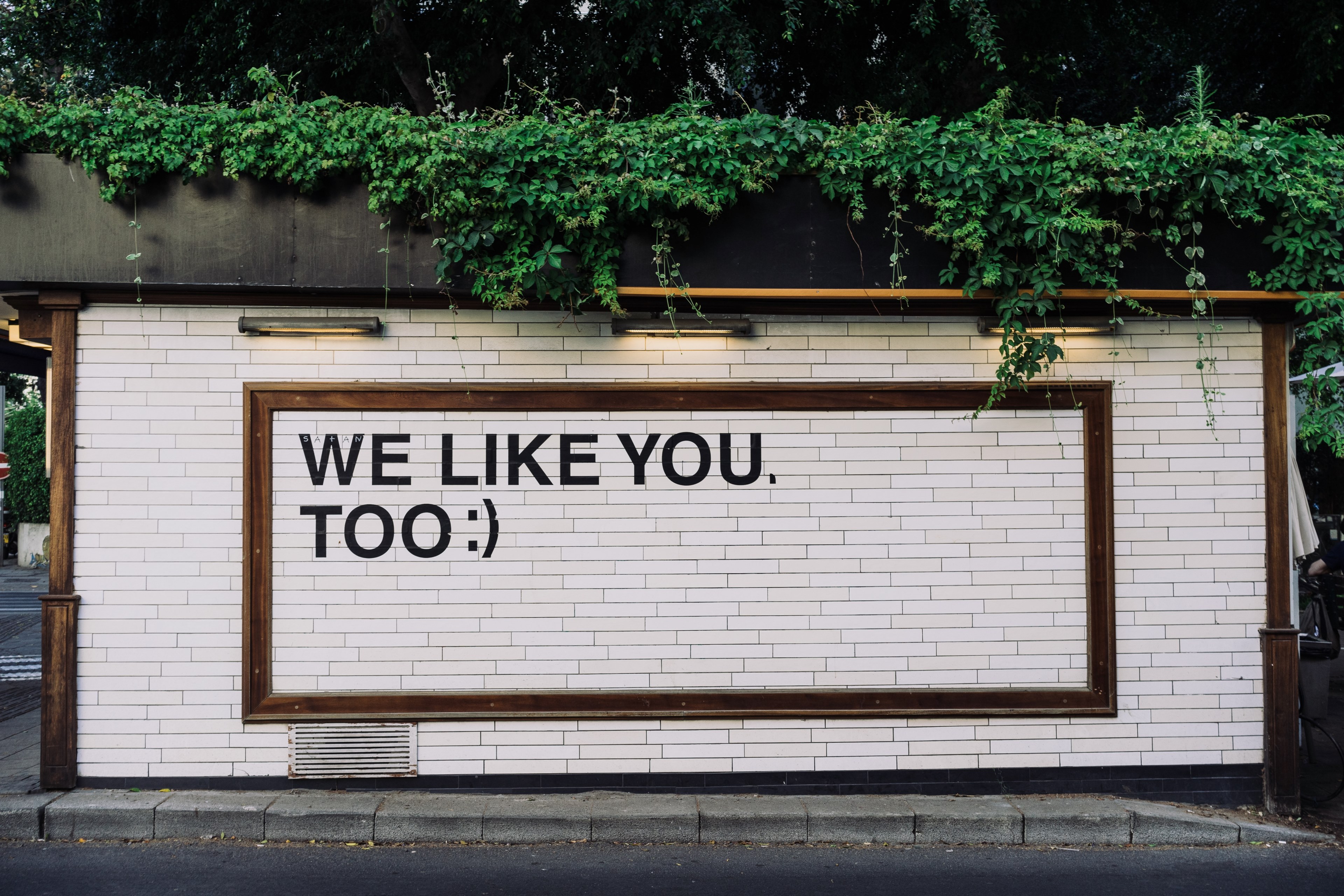 we like you too written on a white brick wall, we like you too 4k, HD Wallpaper