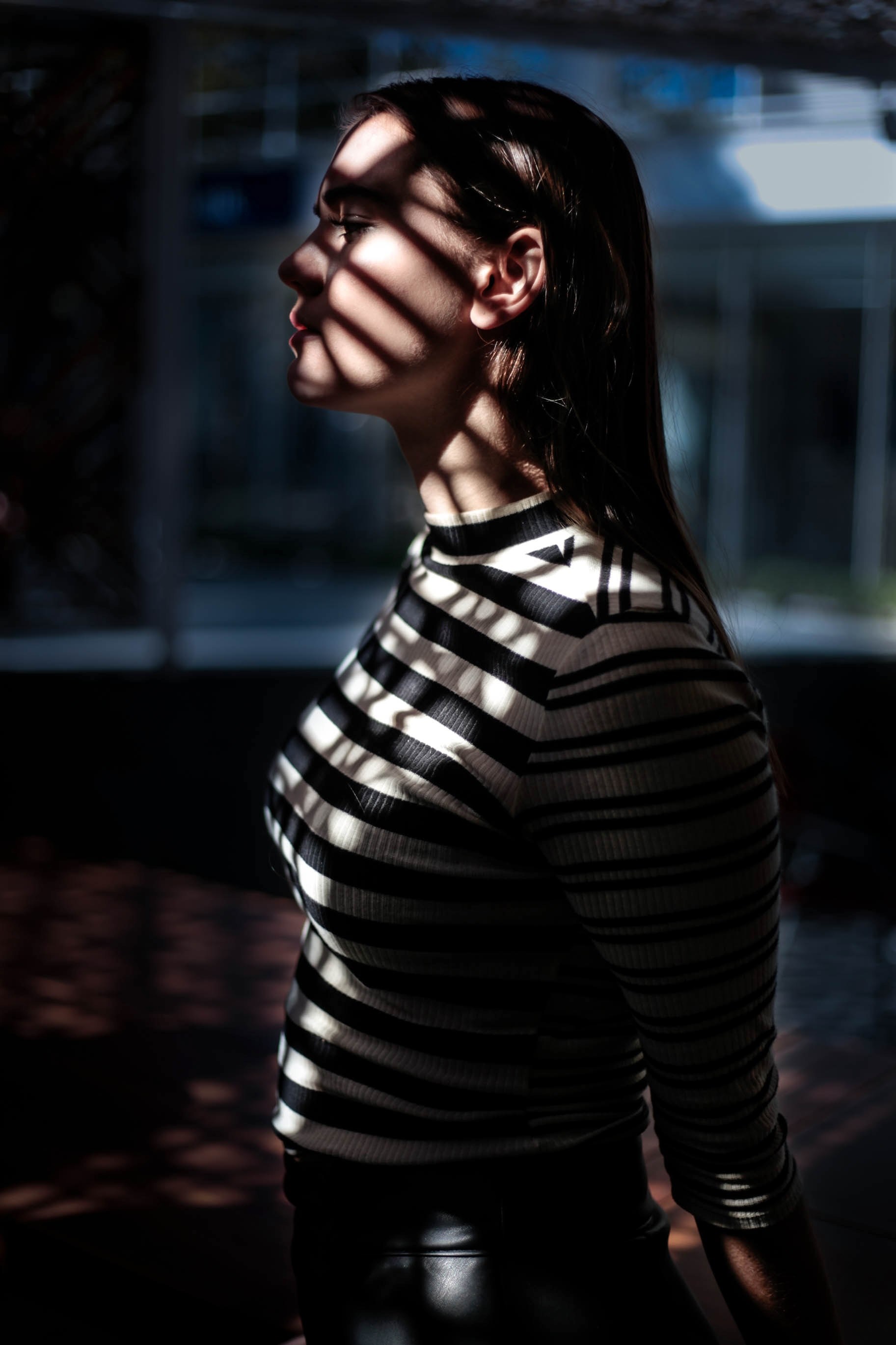 a sad woman in a striped shirt, _shadows 4k, Phone HD Wallpaper