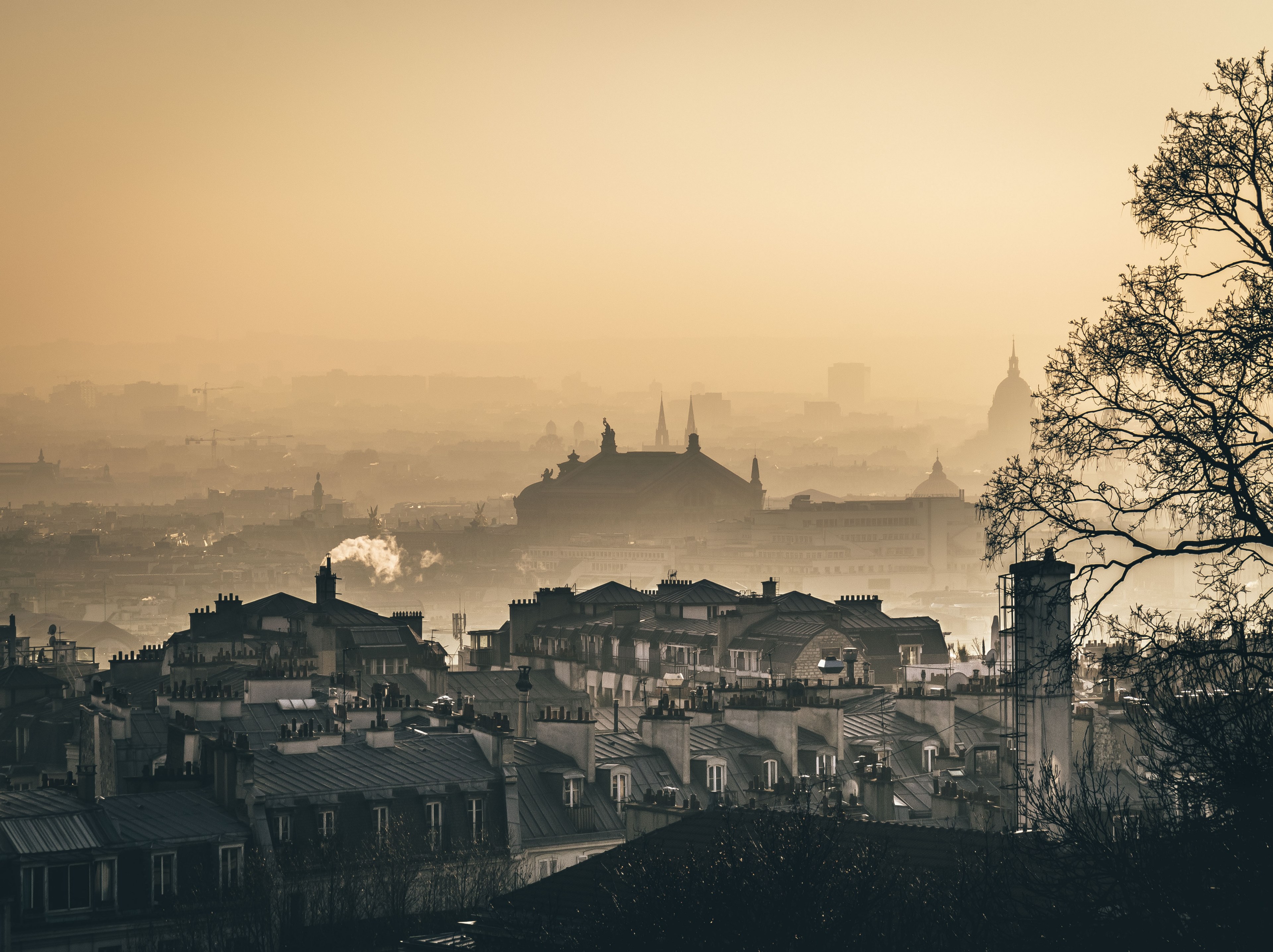 the beautiful architecture of paris shrouded in mist or fog at sunset, foggy paris 4k, HD Wallpaper