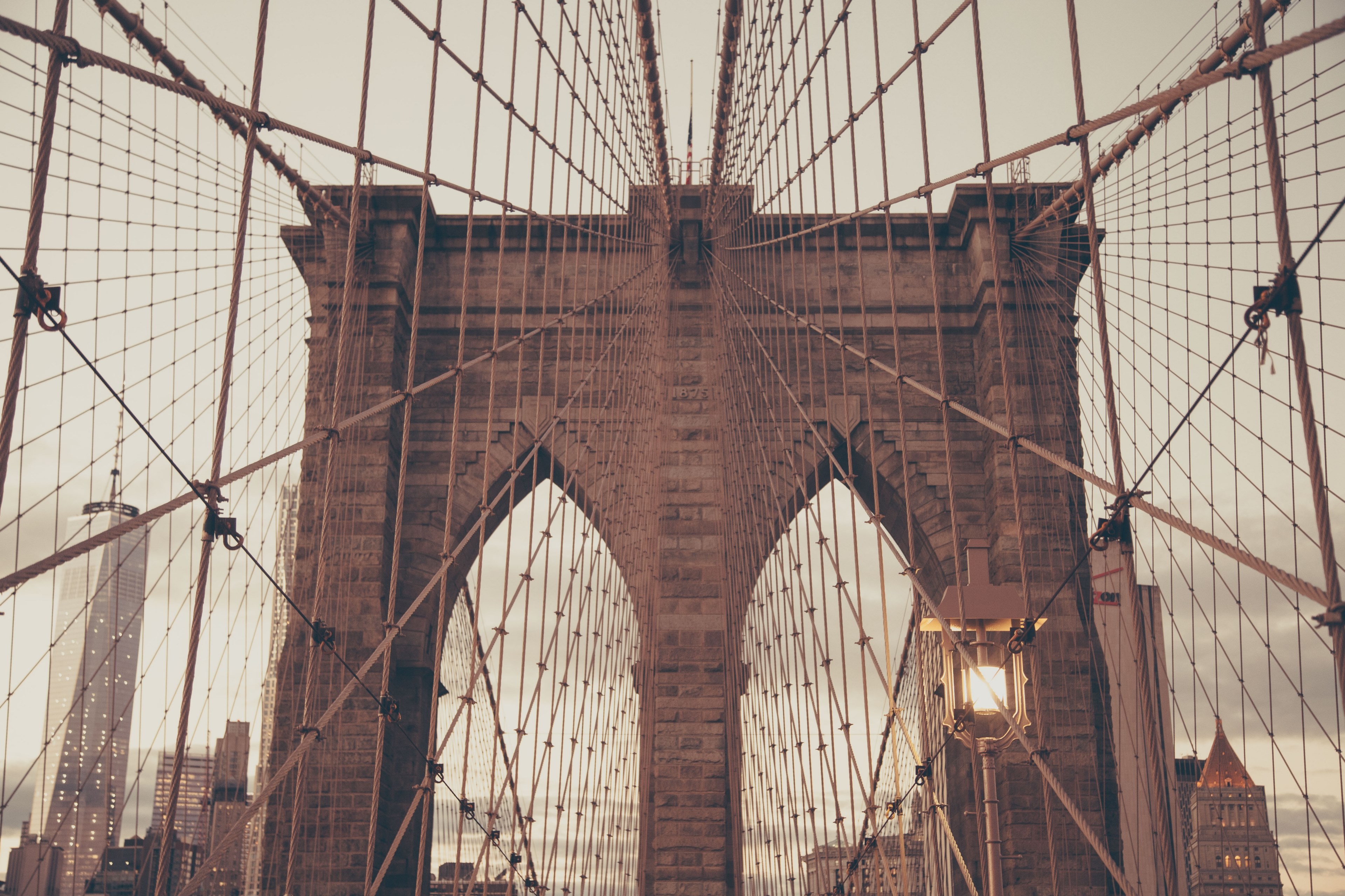cables and wires on the brooklyn bridge at dusk, bridge structures 4k, HD Wallpaper