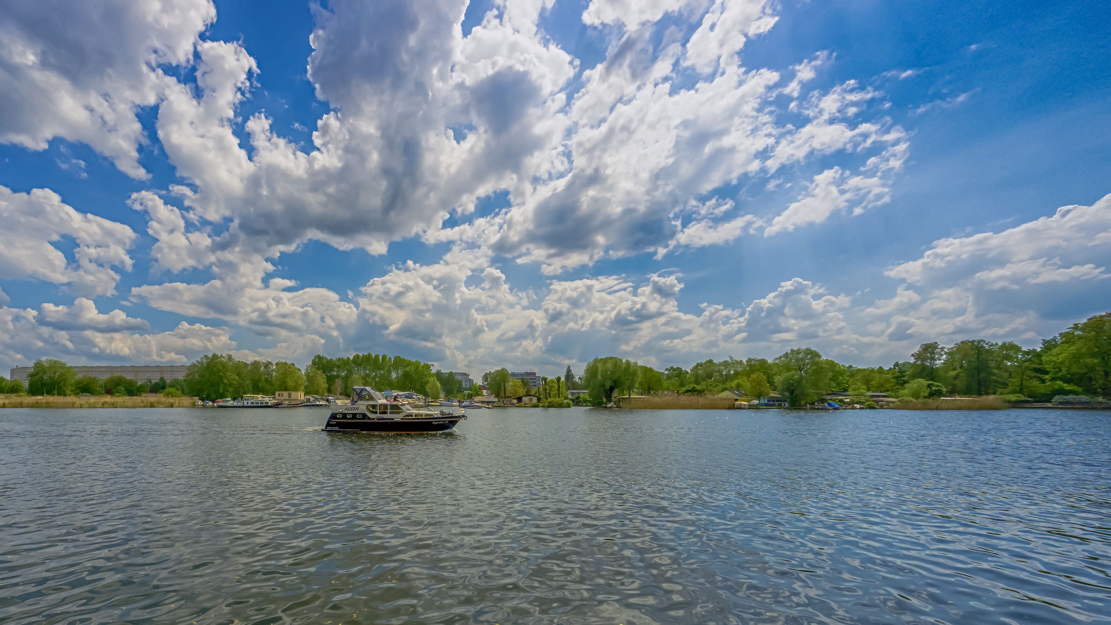 berlin, kopenick, river, boat, sky, clouds, 4k, HD Wallpaper