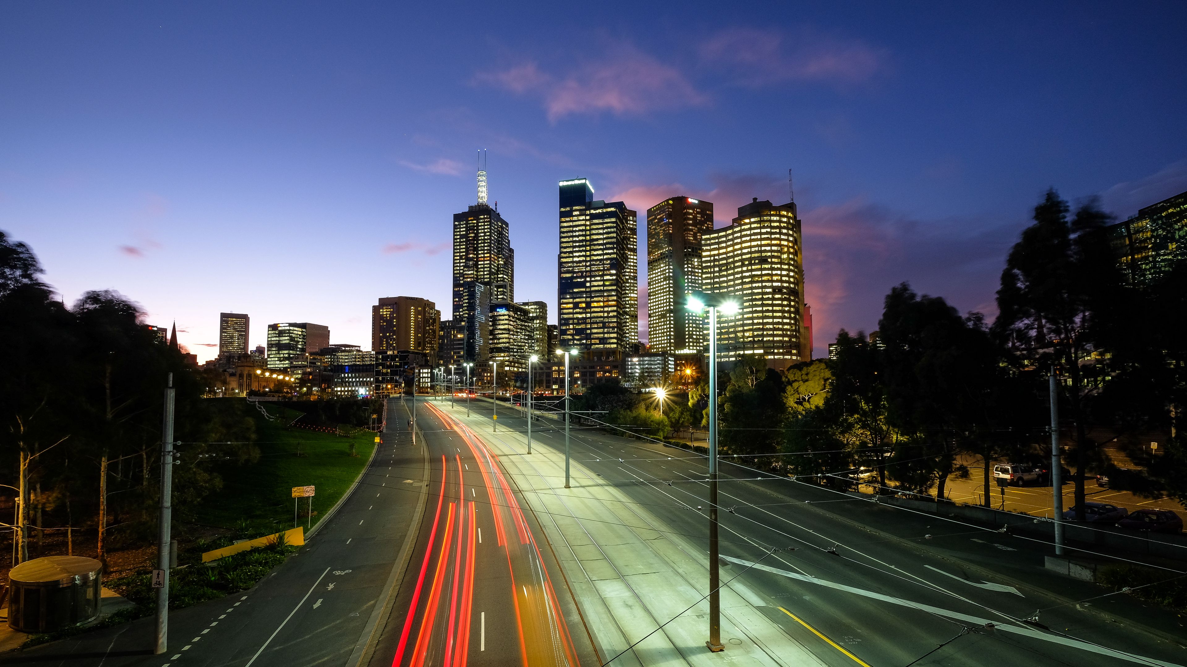 city, road, neon, evening, 4k, HD Wallpaper