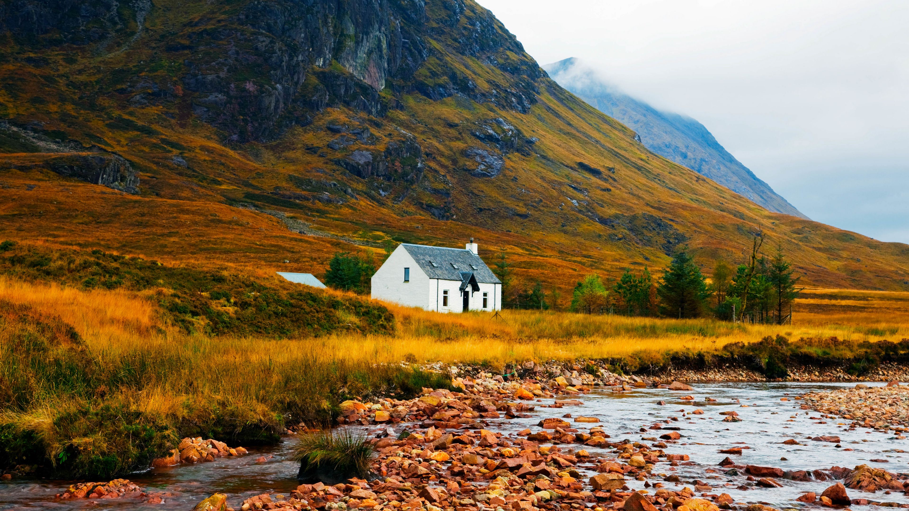 house, lake, stones, grass, mountains, 4k, HD Wallpaper