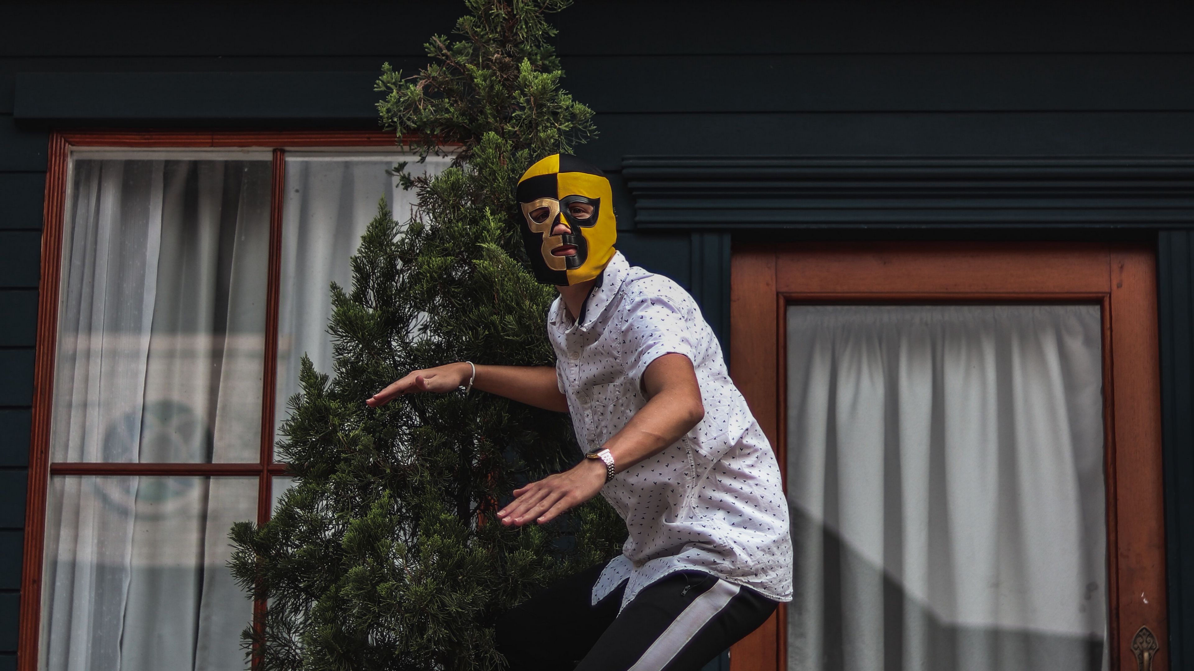 mask, jump, flight, guy, levitation, 4k, HD Wallpaper