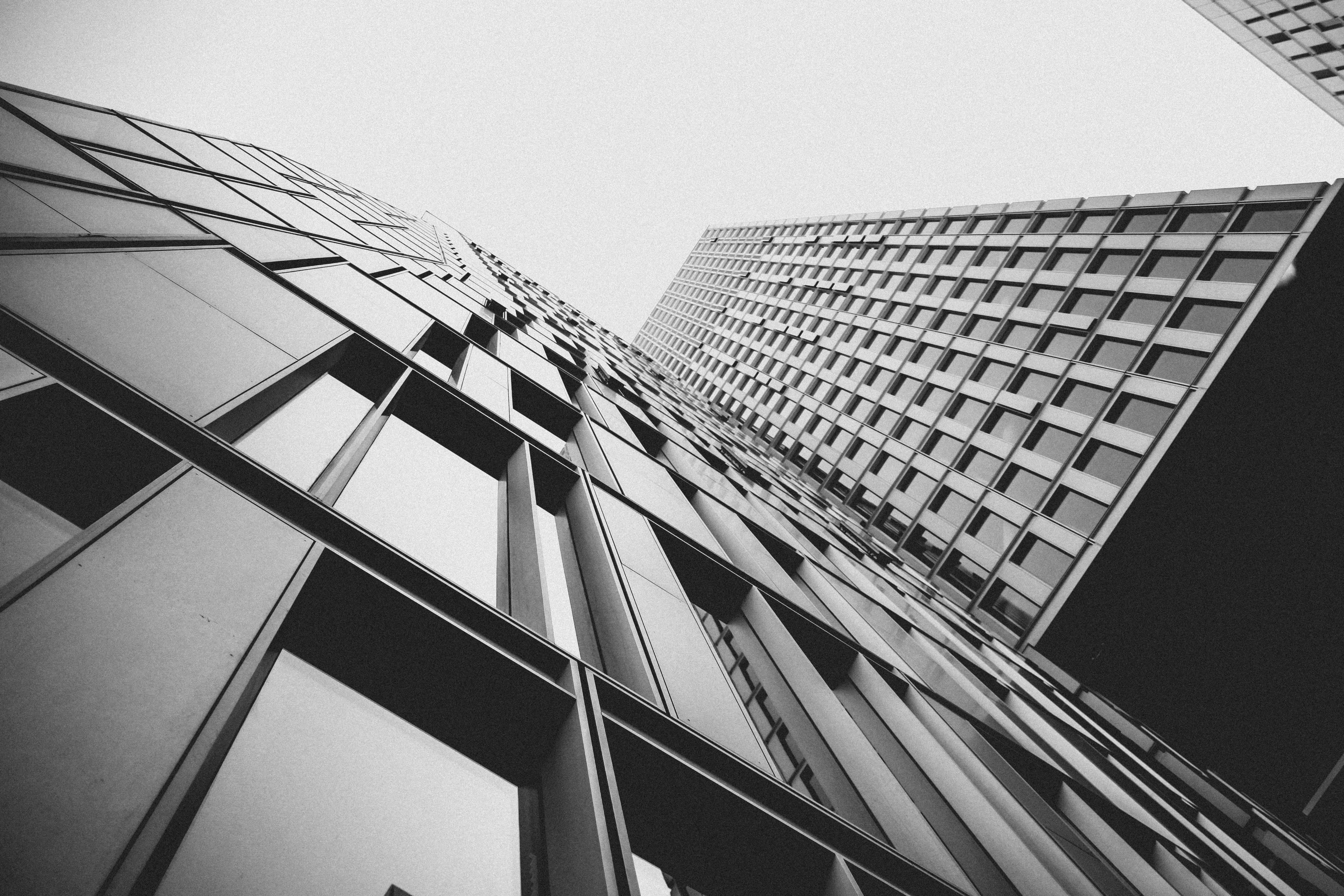 black and white photo of two tall skyscrapers with glass windows and defined windowpanes, black and white skyscrapers 4k, HD Wallpaper