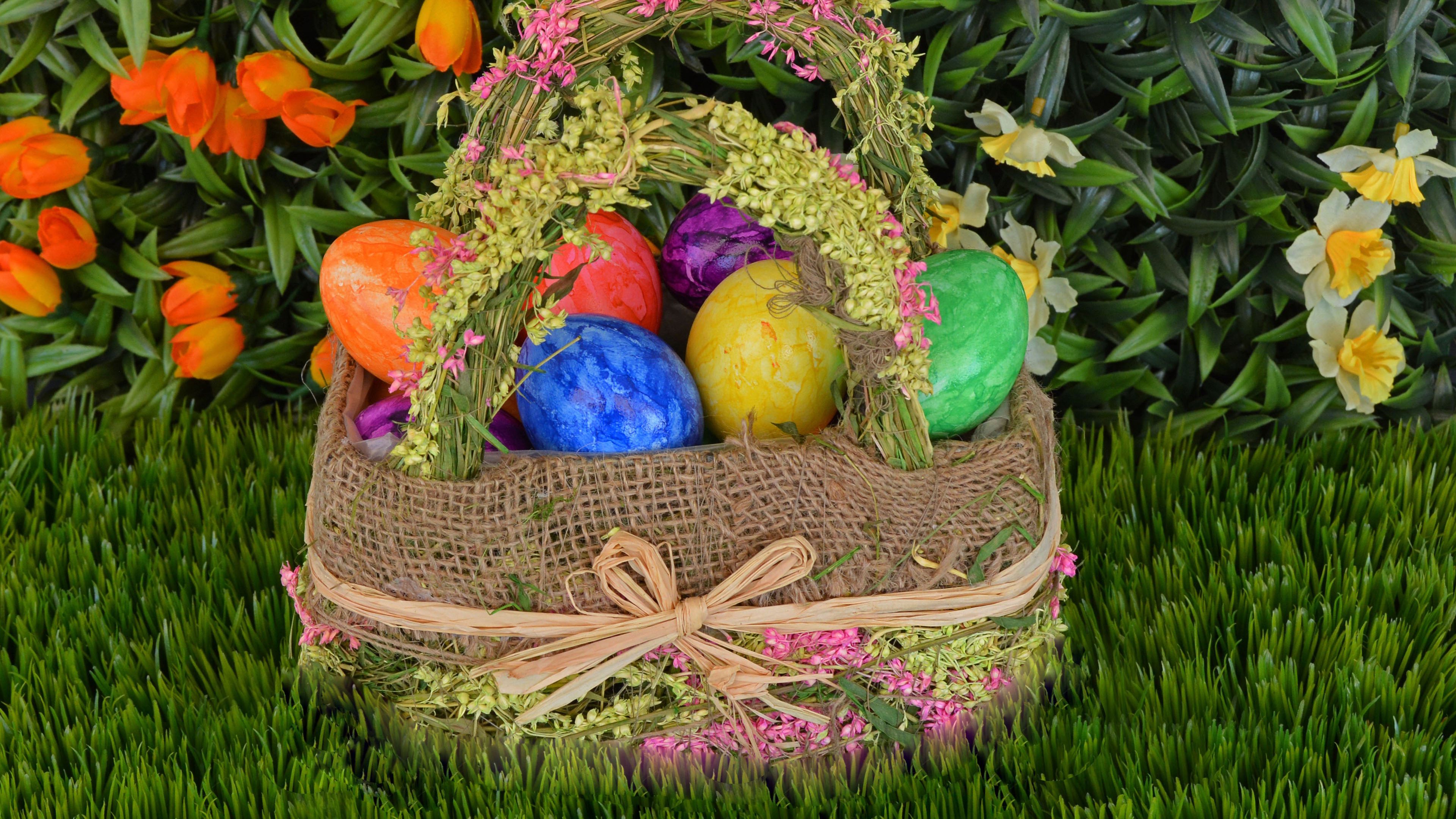 easter eggs, basket, easter, eggs, 4k, HD Wallpaper