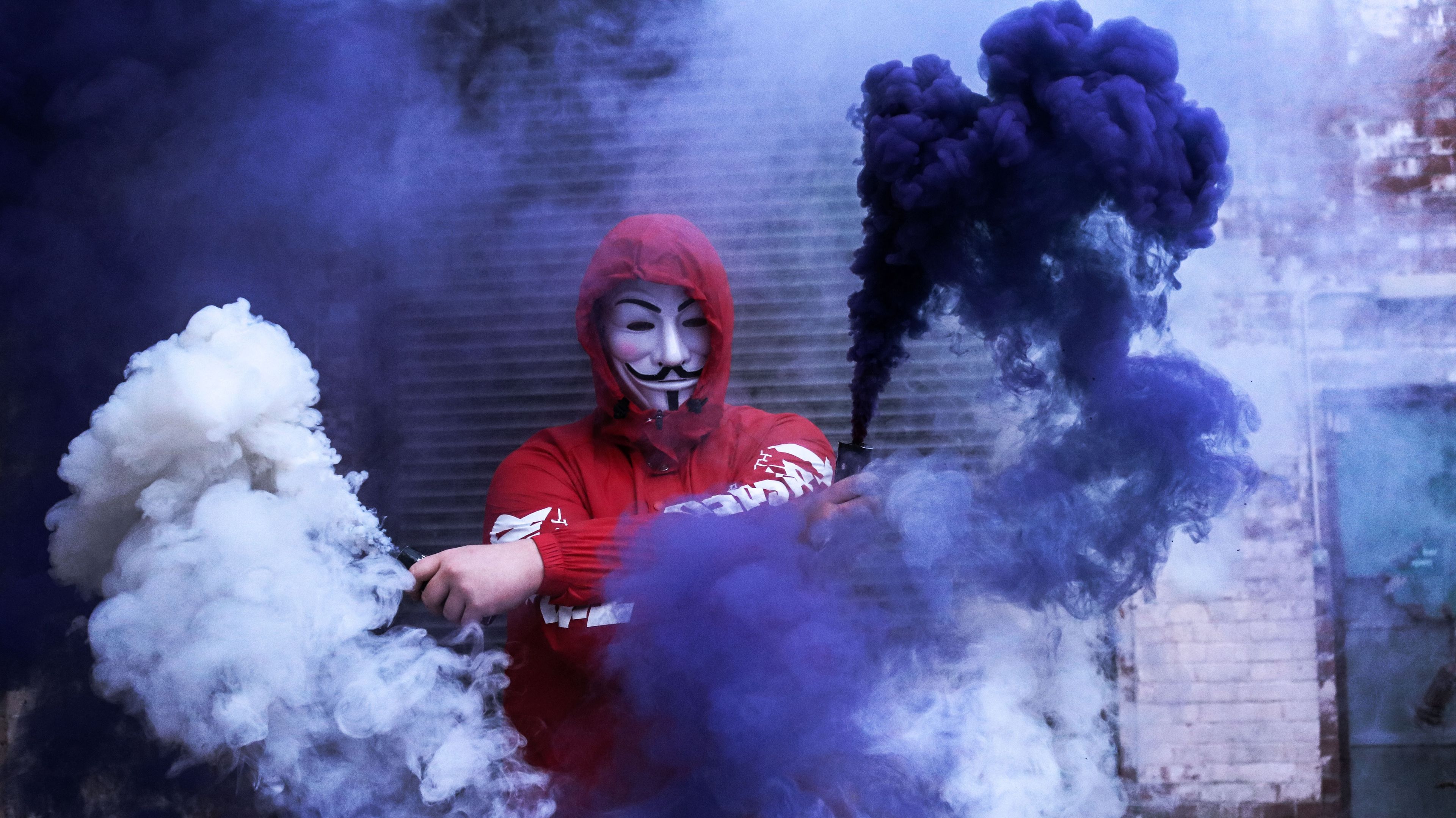 mask, anonymous, colored smoke, 4k, HD Wallpaper