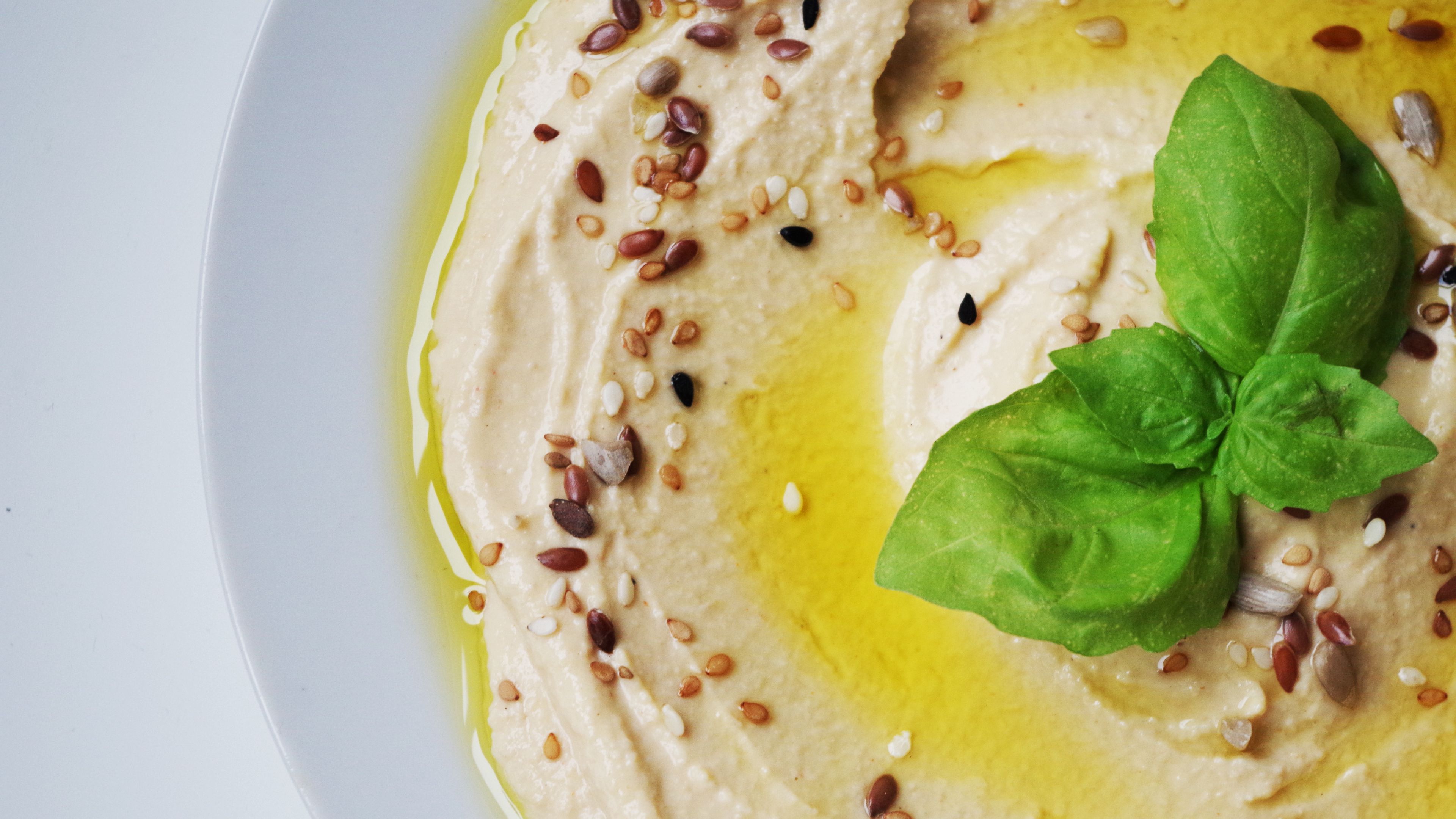 hummus, pasta, chickpeas, basil, 4k, HD Wallpaper