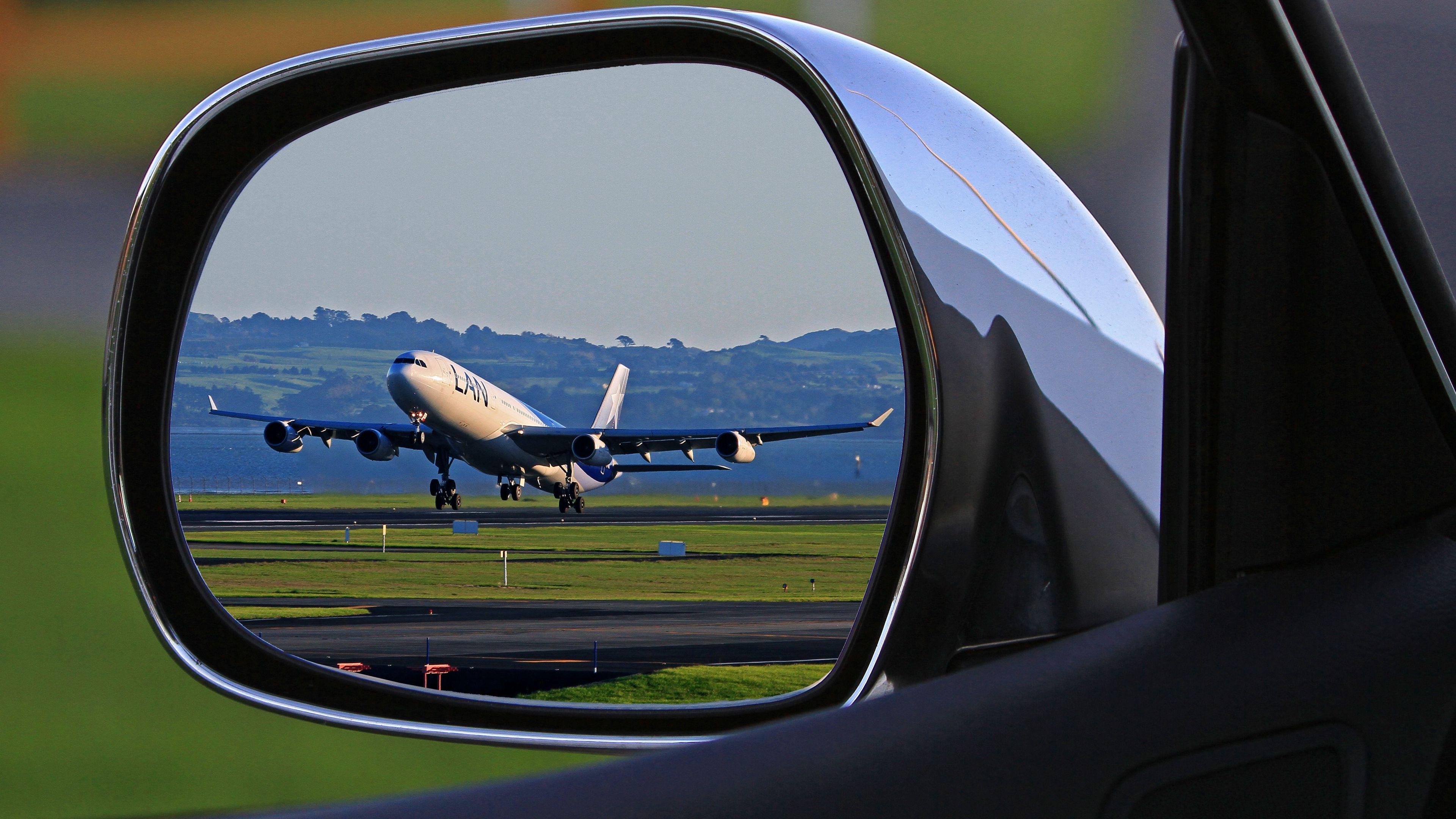 plane, car, mirror, reflection, 4k, HD Wallpaper