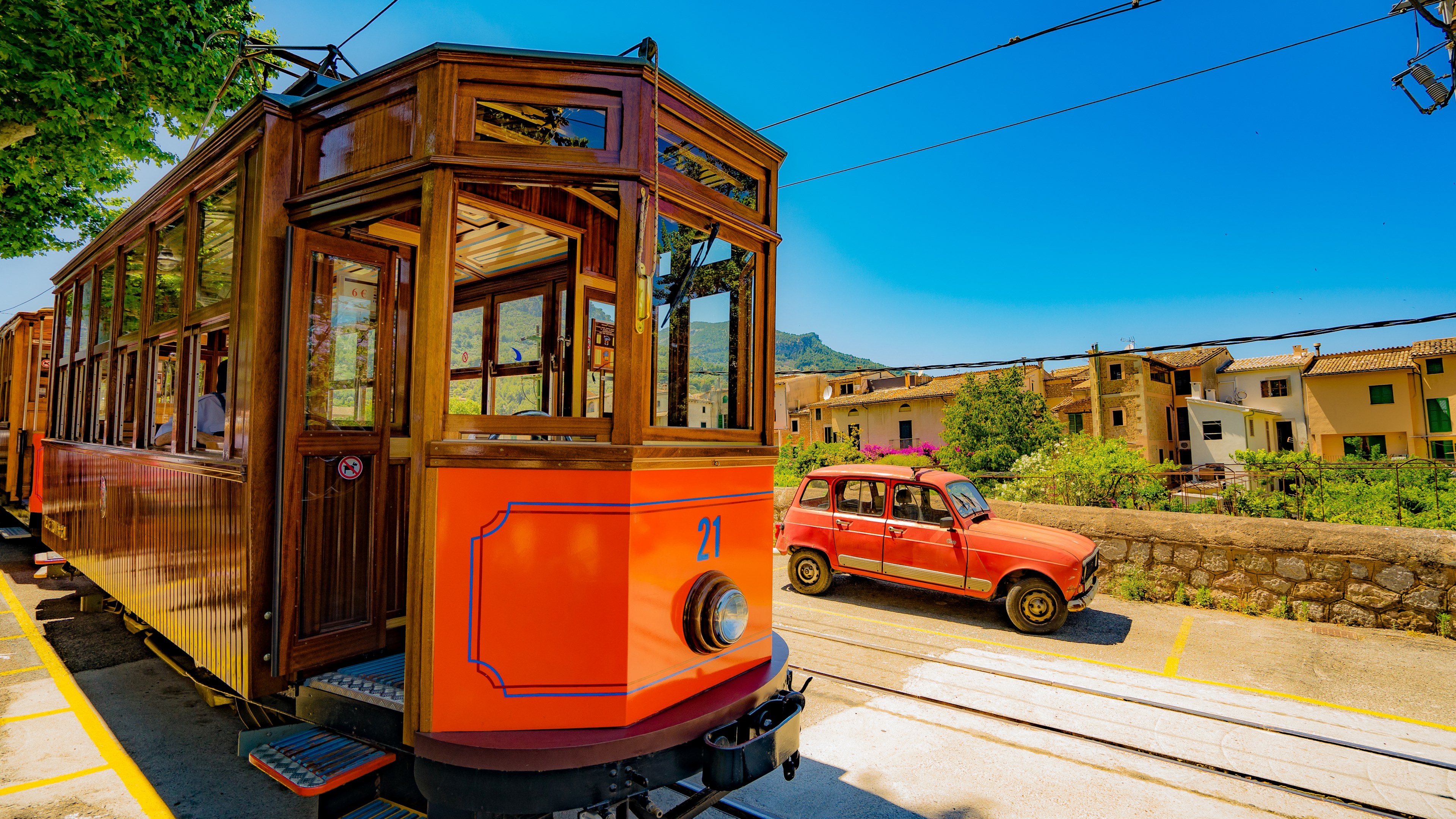 classic orange street car, _tram majorca 4k, HD Wallpaper
