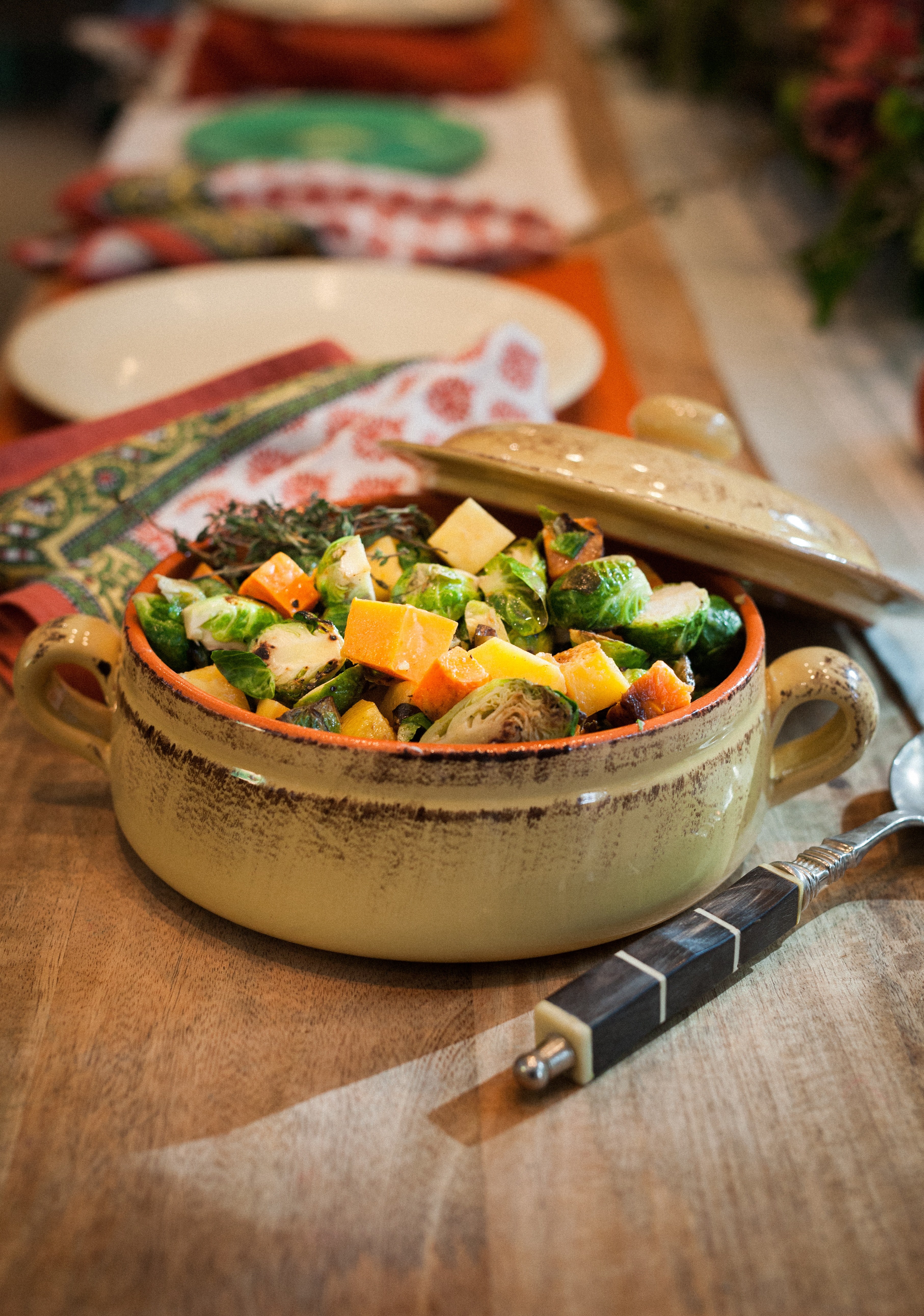 a pot of assorted vegetables including brussel sprouts and potatoes served on a long table with napkins and silverware, _pot of vegetables 4k, Phone HD Wallpaper
