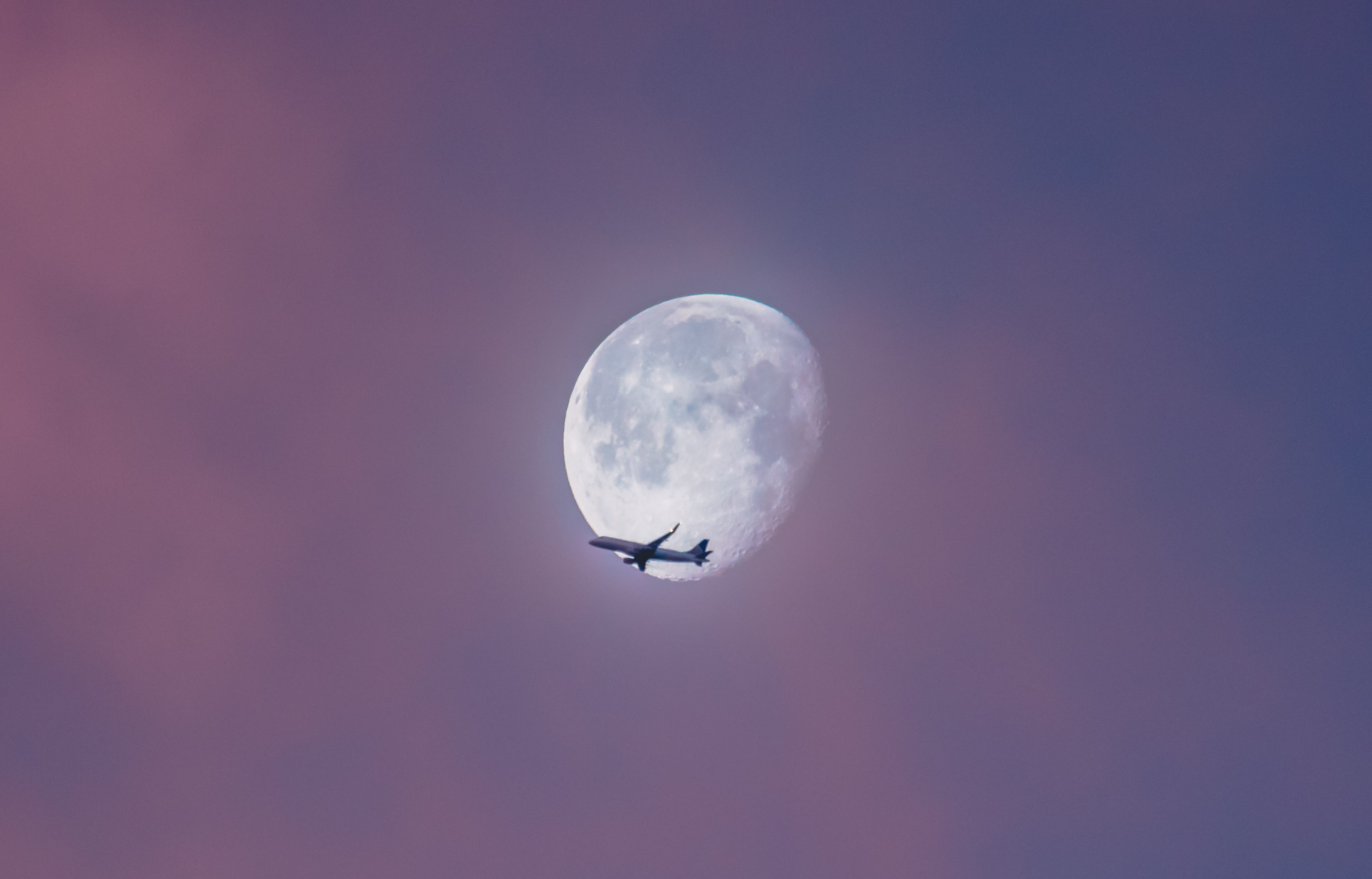 a plane appears to be flying against the moon against a pink sky over alamo square, to the moon 4k, HD Wallpaper