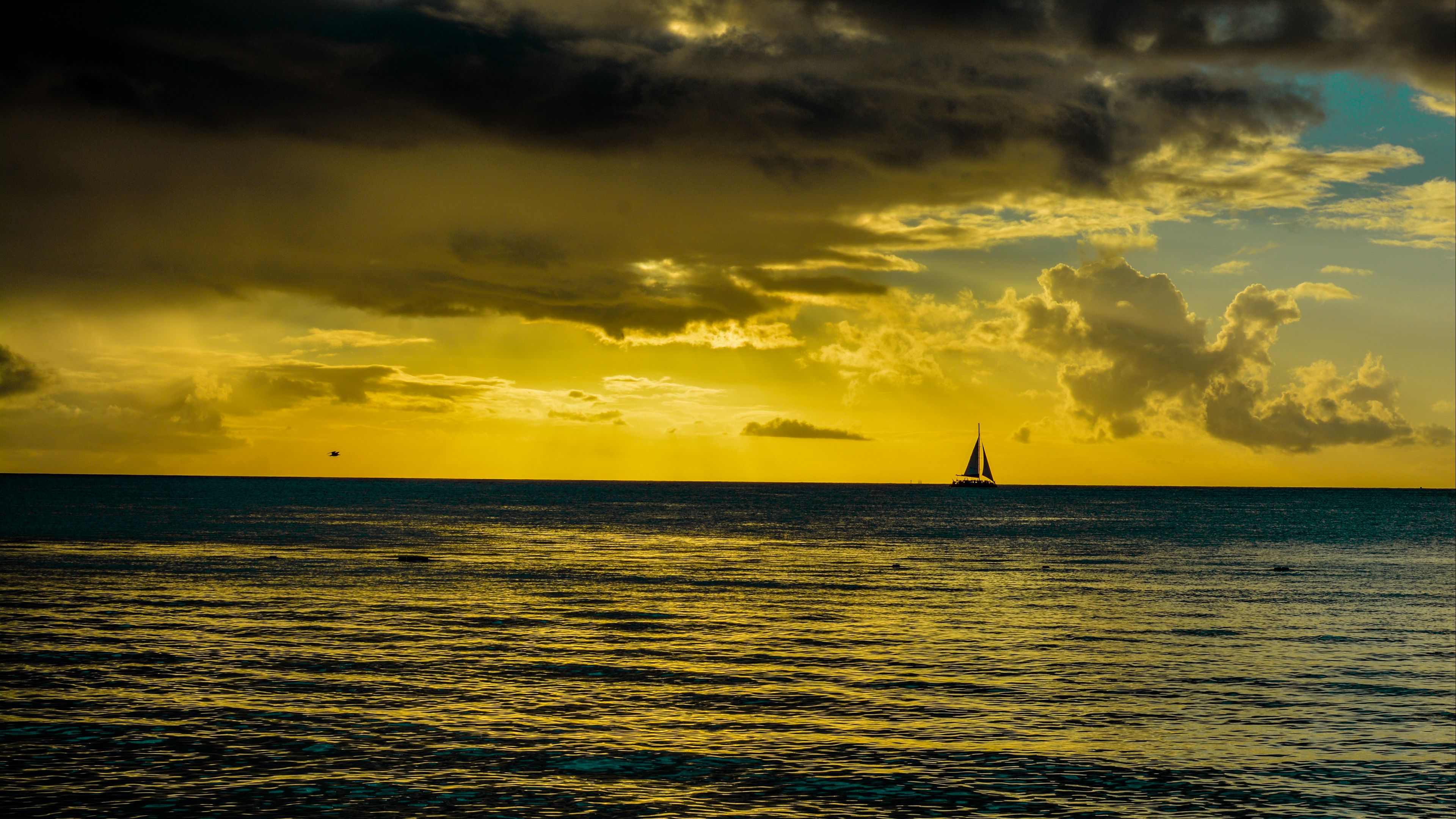 ship, sea, horizon, sunset, 4k, HD Wallpaper