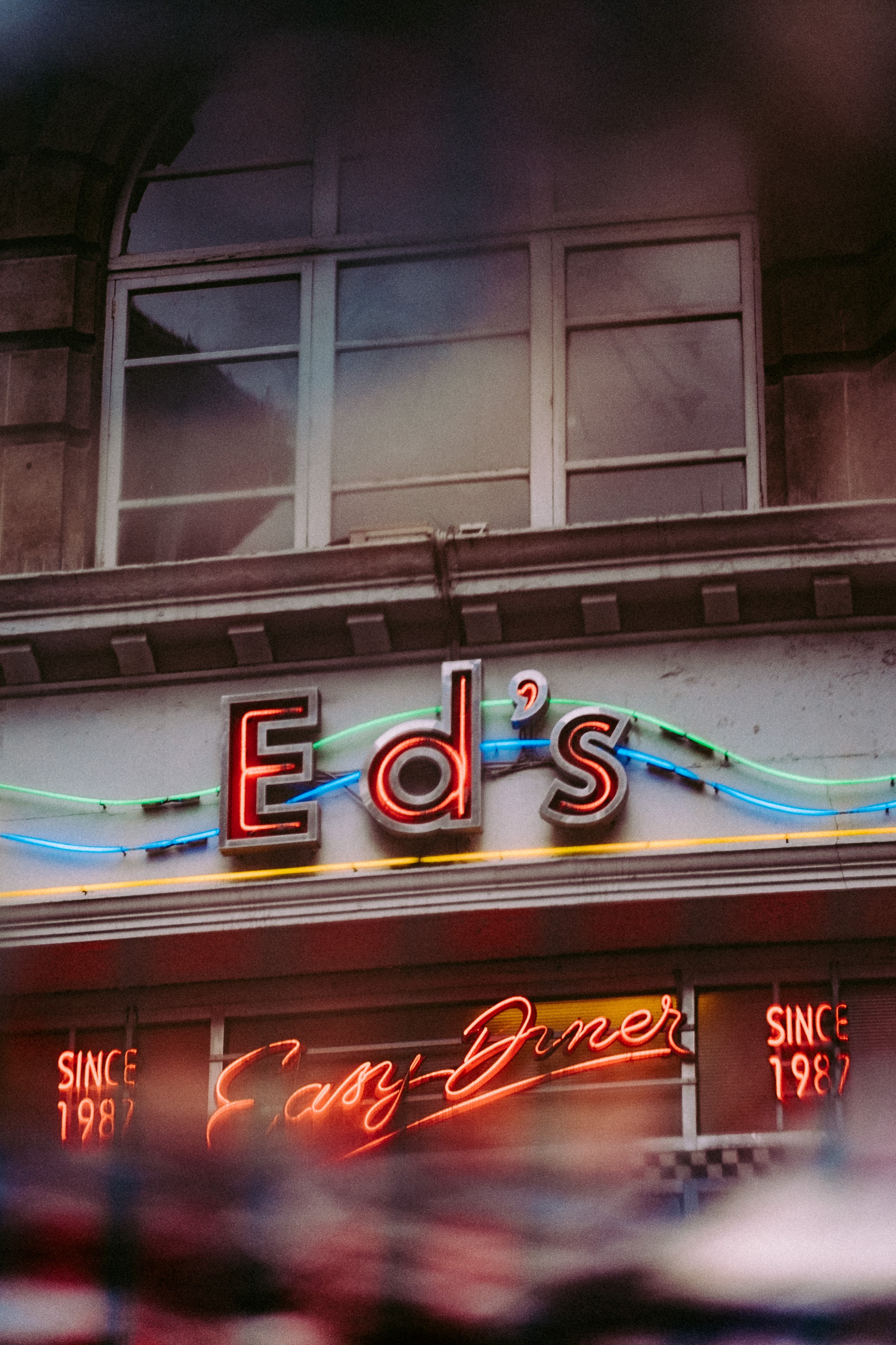 a neon sign at the storefront of eds diner in soho, eds dinner in soho 4k, Phone HD Wallpaper