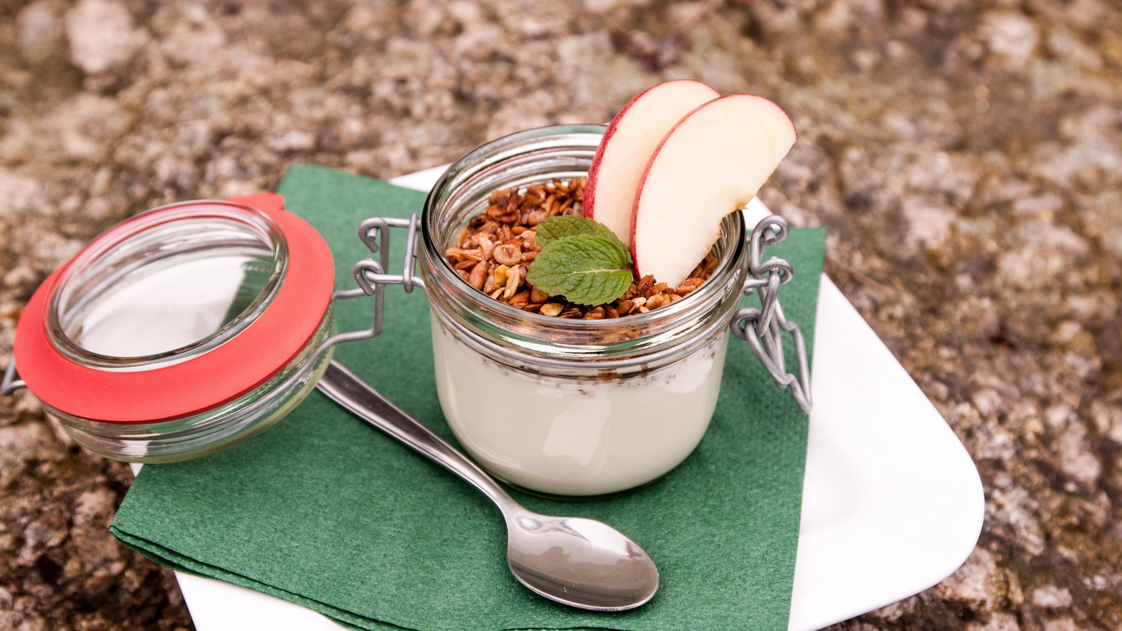 yogurt, dessert, apples, nuts, 4k, HD Wallpaper