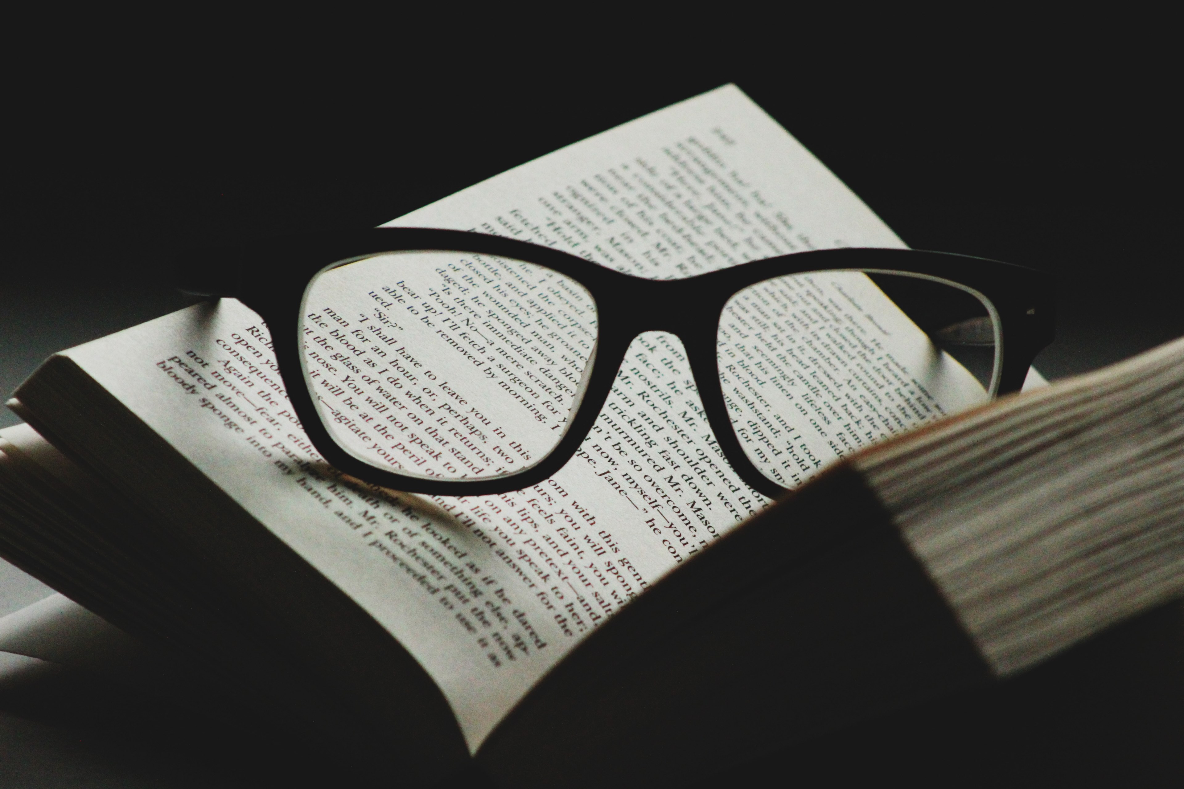 glasses text page and book 4k, HD Wallpaper