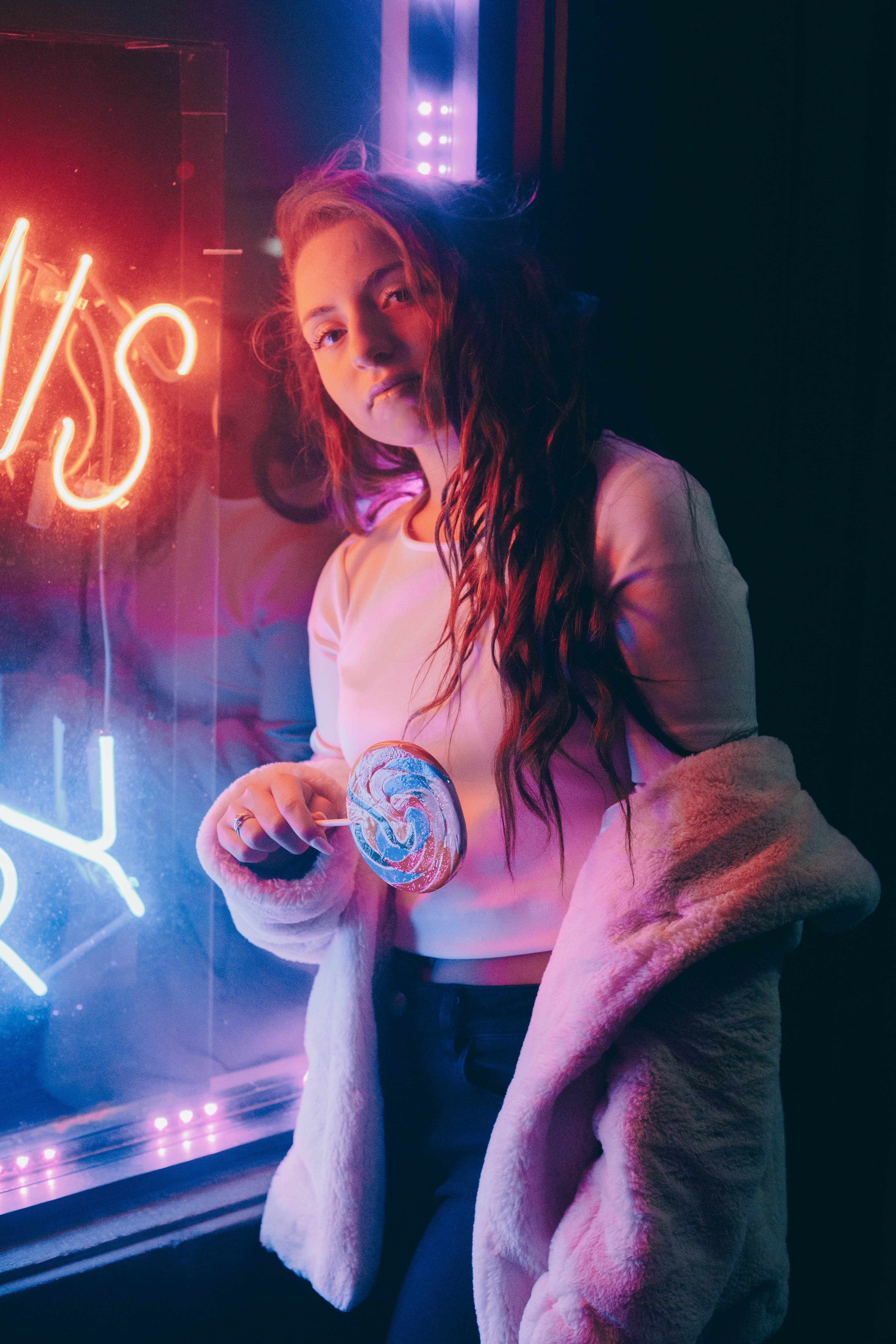 neon light woman woman with lollipop and model hd, 4k, Phone HD Wallpaper