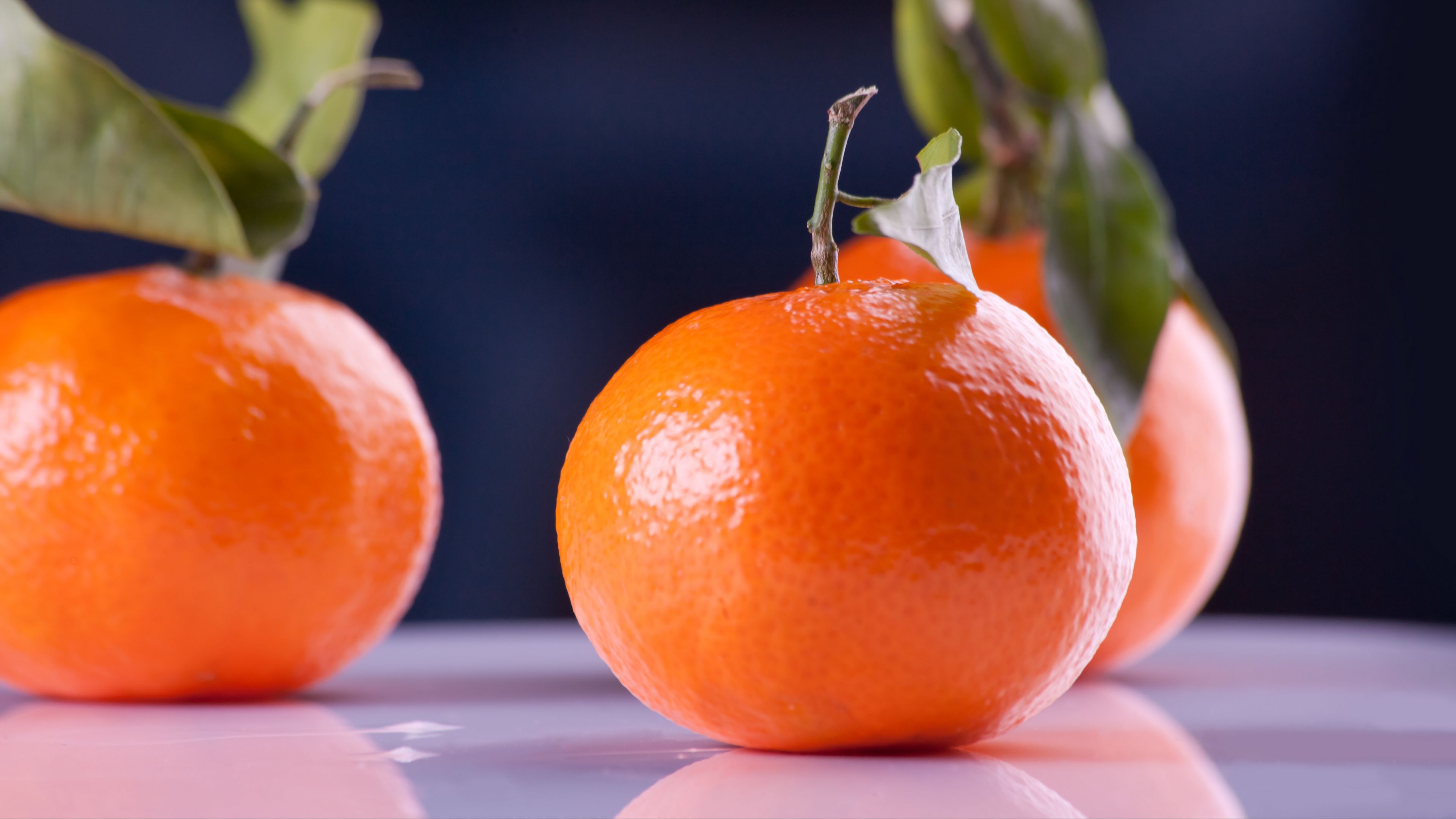 tangerines, fruit, branch, reflection, 4k, HD Wallpaper