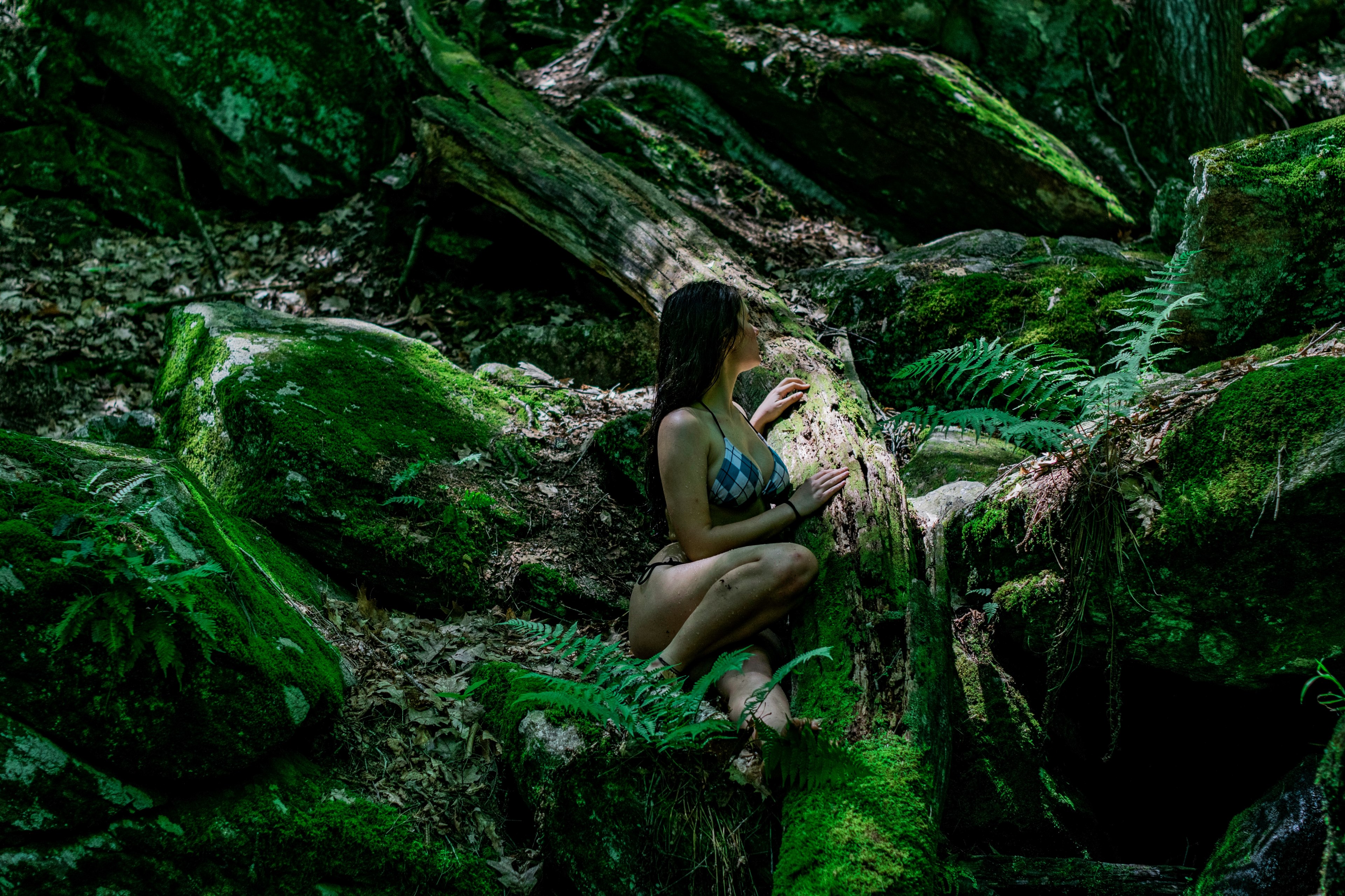 a woman in a bikini among mossy logs and rocks in a forest in wilton, becoming one with nature 4k, HD Wallpaper
