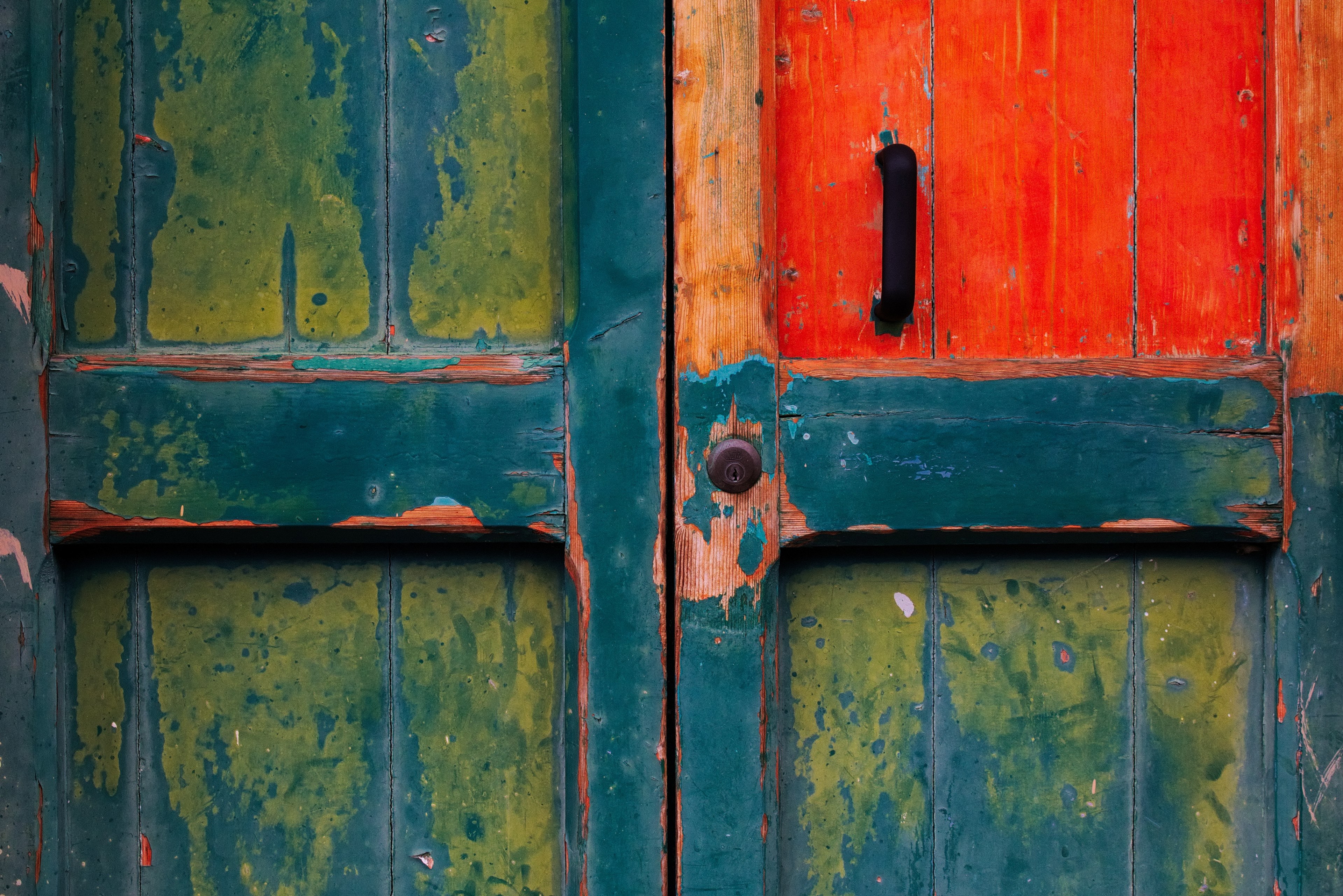 wooden door red paint blue paint and green paint 4k, HD Wallpaper