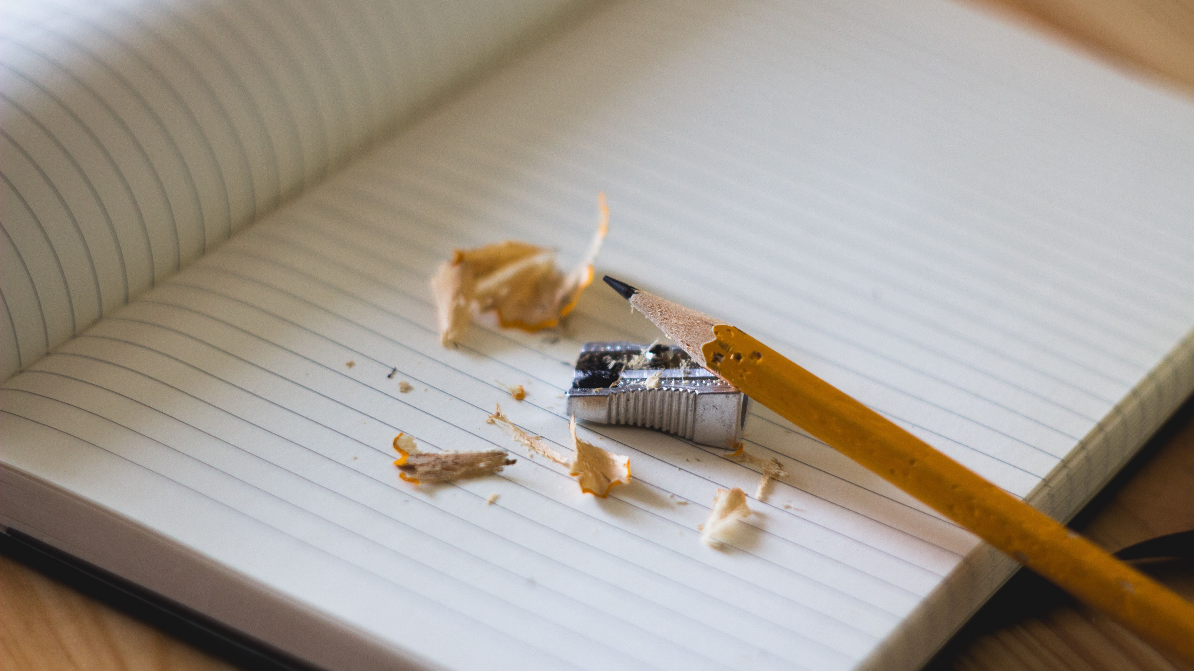 pencil, sharpener, notebook, 4k, HD Wallpaper