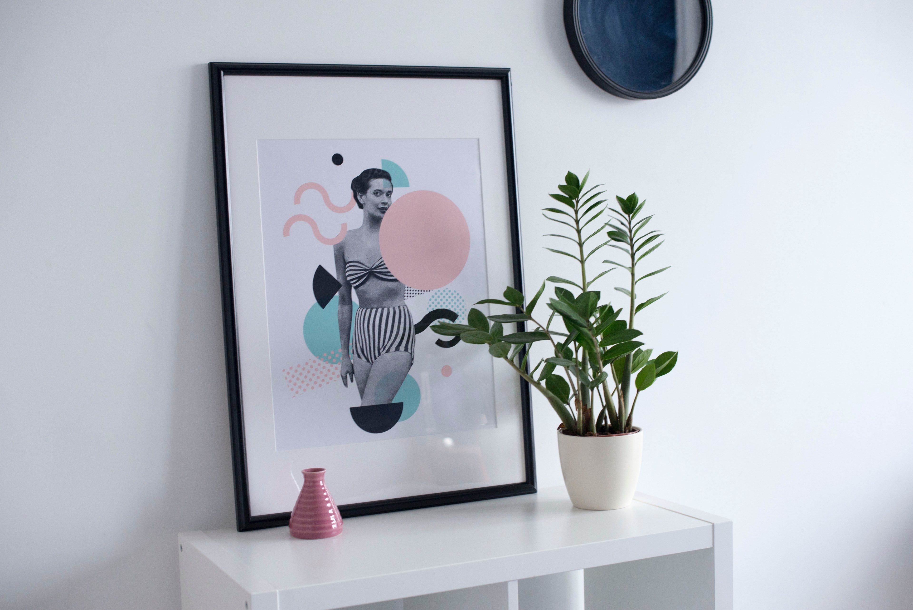 interior with framed portrait of woman and potted plant on white table, warsaw sunrise 2 4k, HD Wallpaper