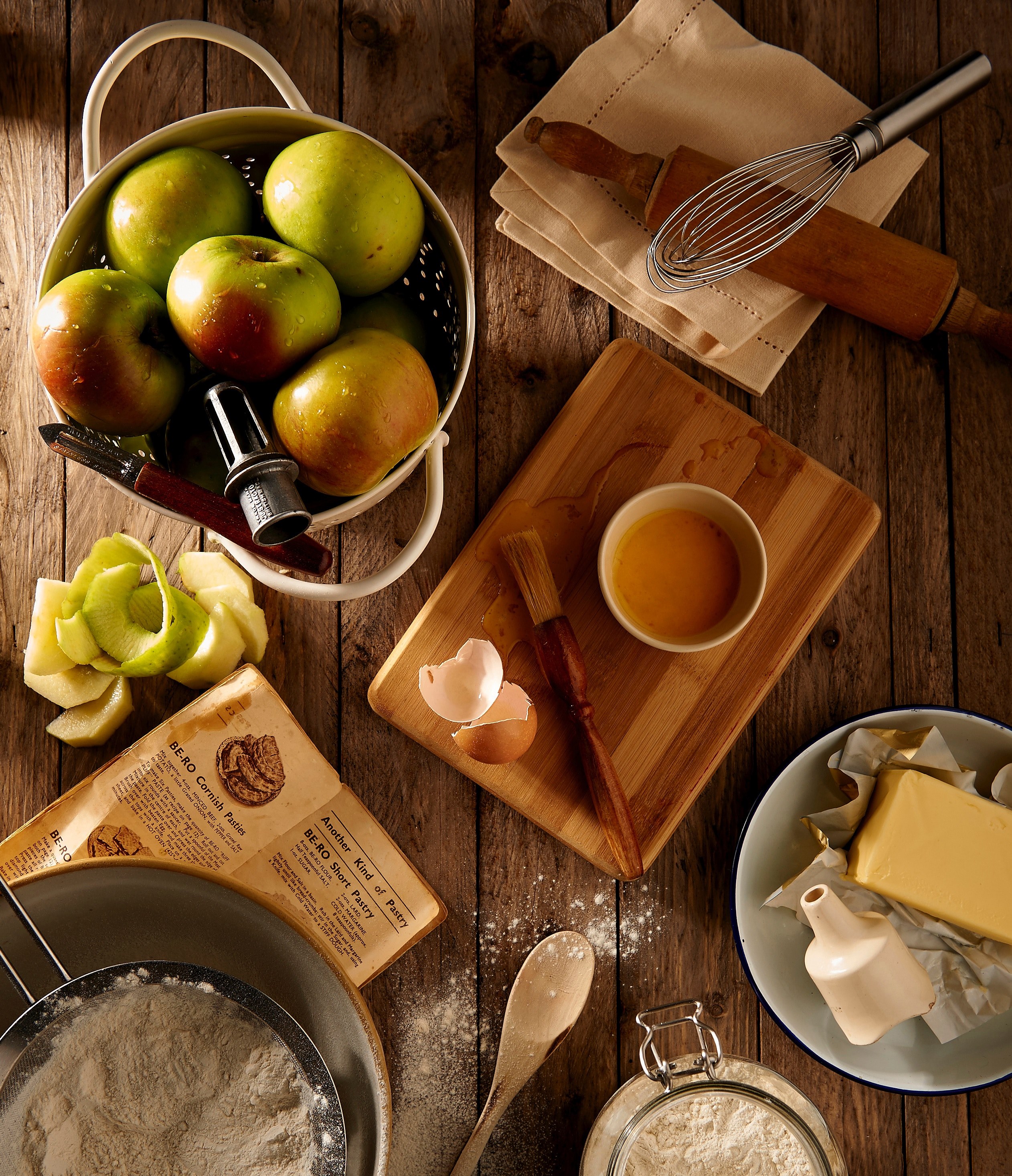 flat lay of apples butter flour and ingredients for an apple pie, baking a pie 4k, Phone HD Wallpaper
