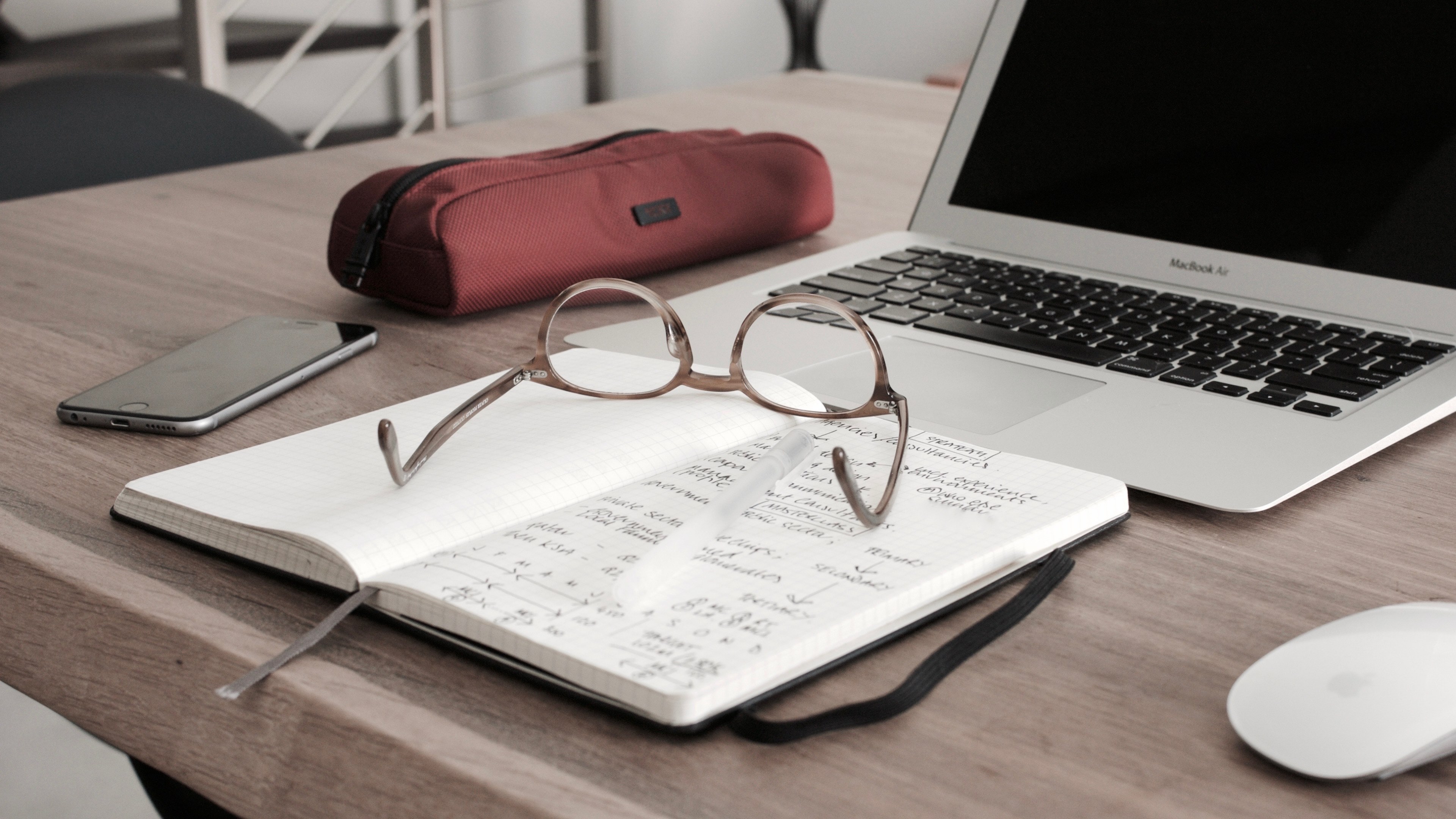 laptop and notebook with glasses on top of a wooden desk, laptop glasses notebook desk 4k, HD Wallpaper