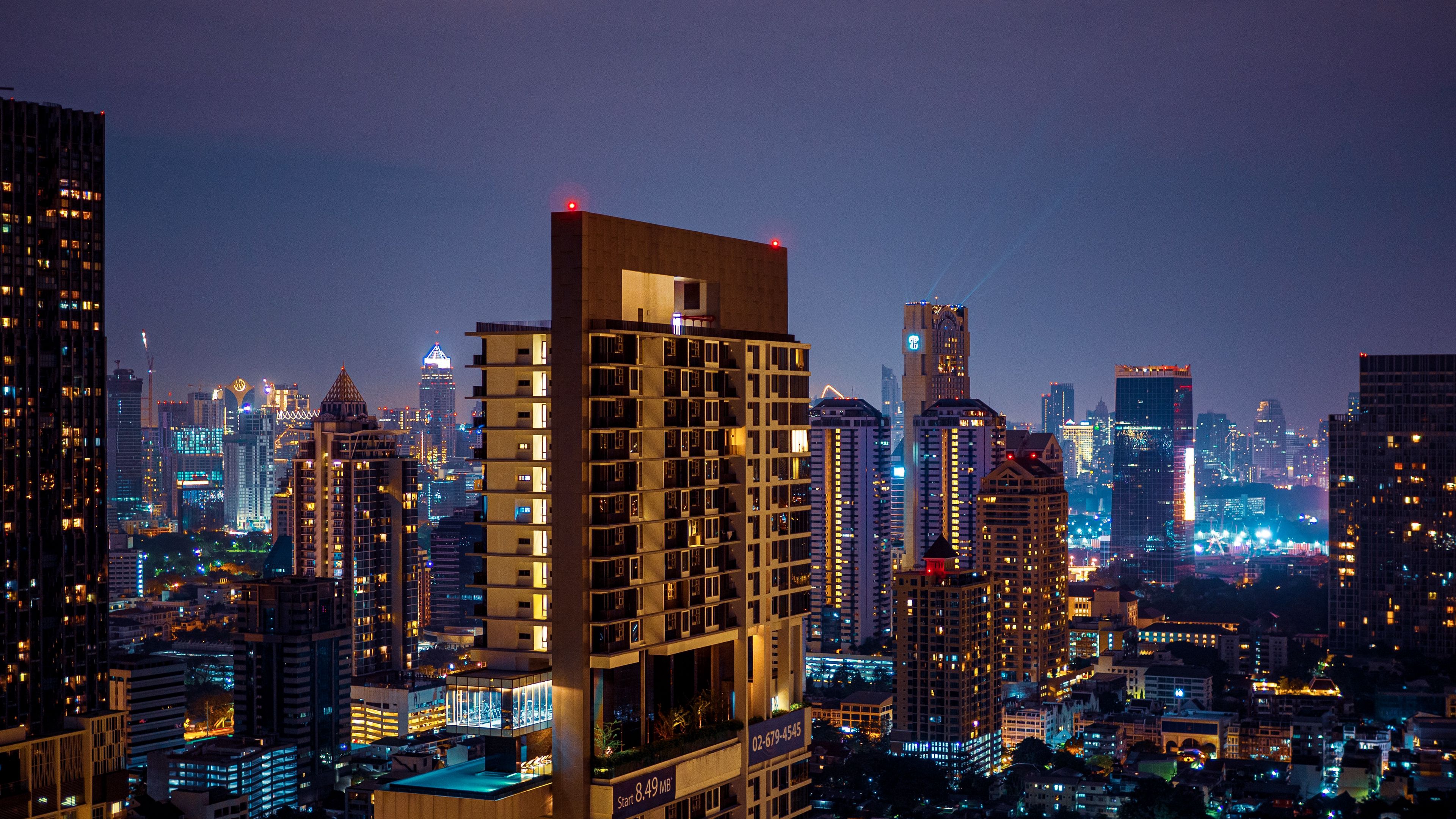 night city, lights, glow, buildings, 4k, HD Wallpaper