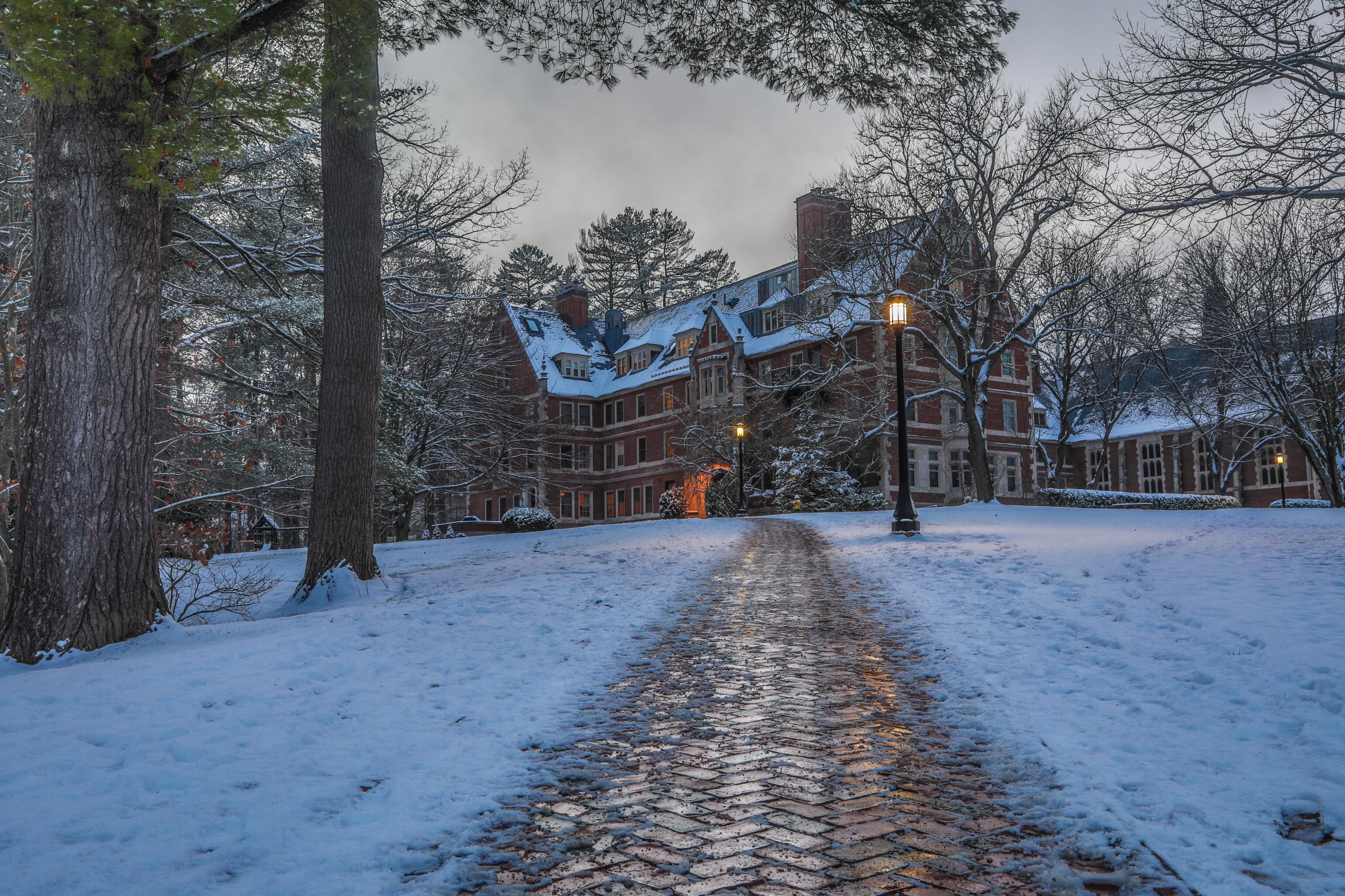 a walkway leading up to st_ pauls school in concord new hampshire, st pauls school in winter 4k, HD Wallpaper
