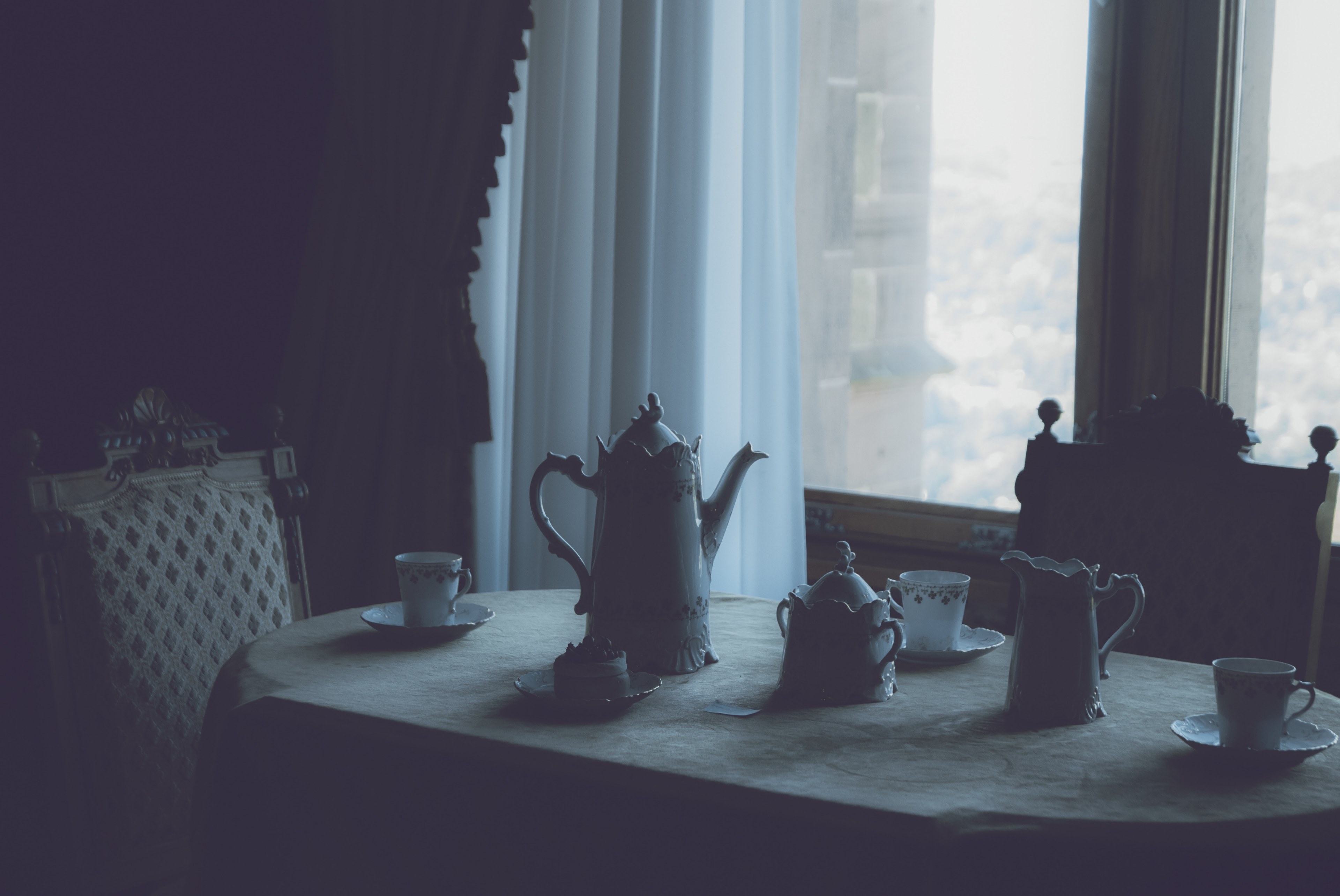 teapot window tea pot and curtain 4k, HD Wallpaper