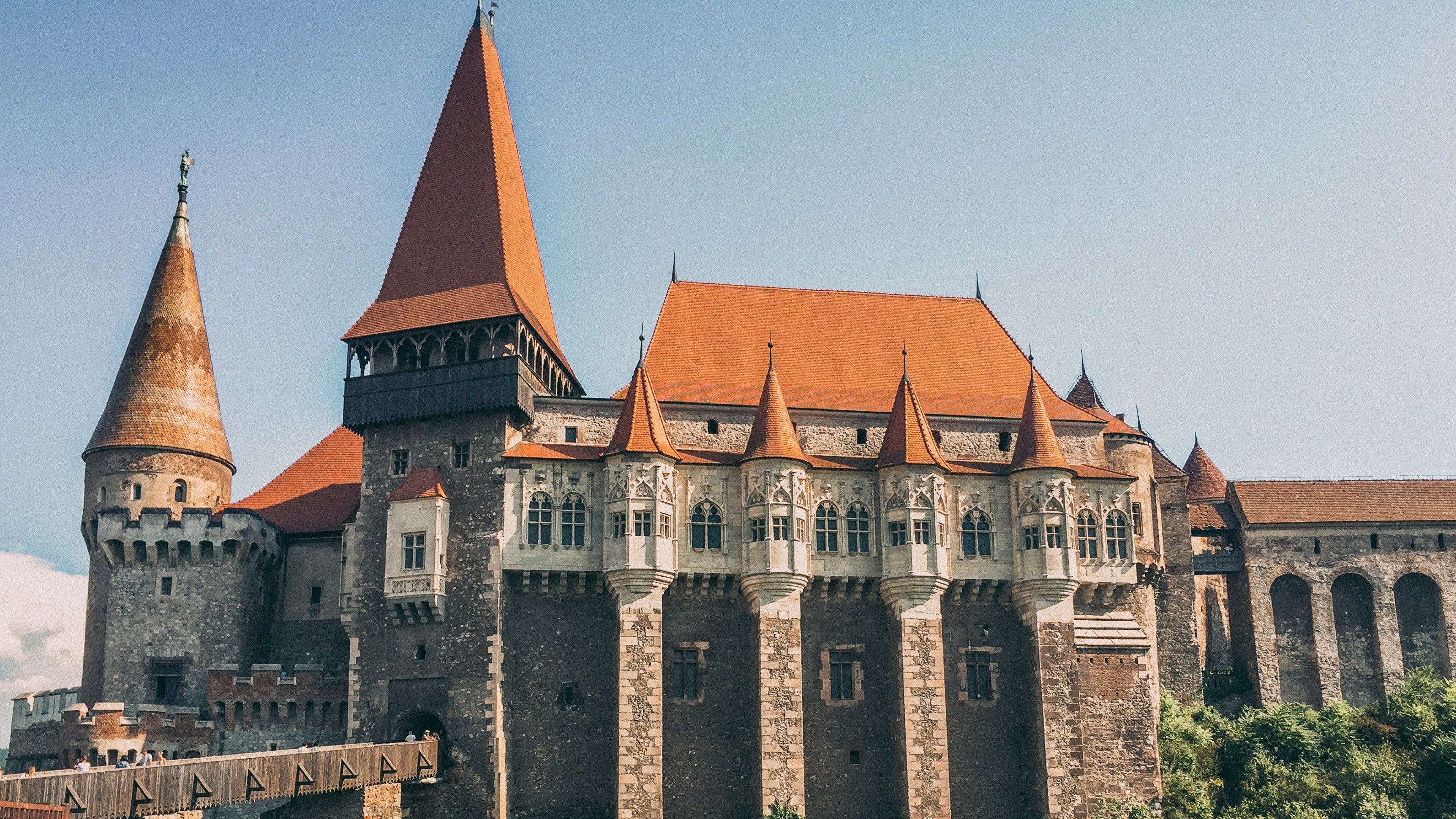 castle turrets red roof and romania 4k, HD Wallpaper