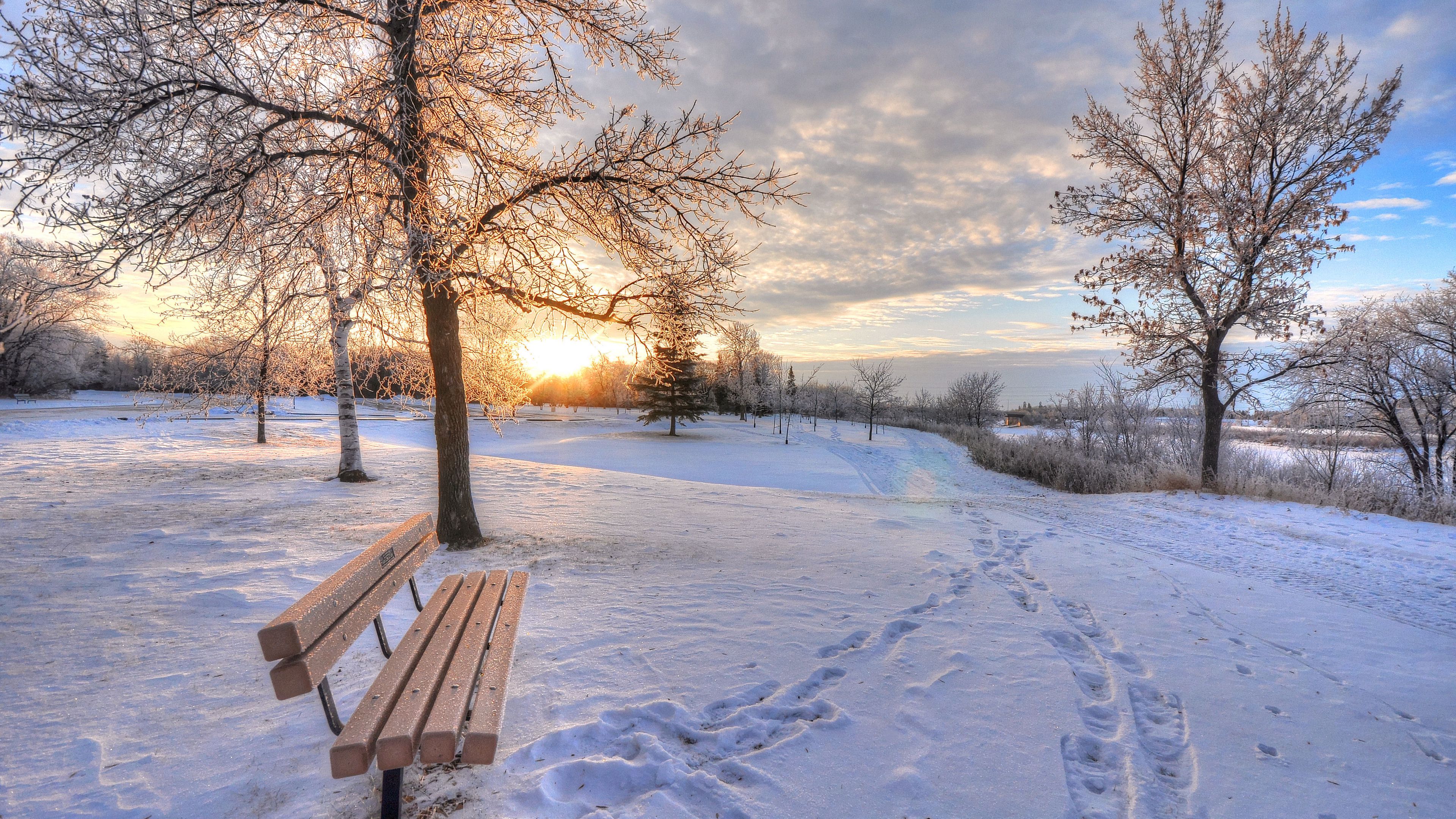 winter, snow, dawn, footprints, bench, 4k, HD Wallpaper