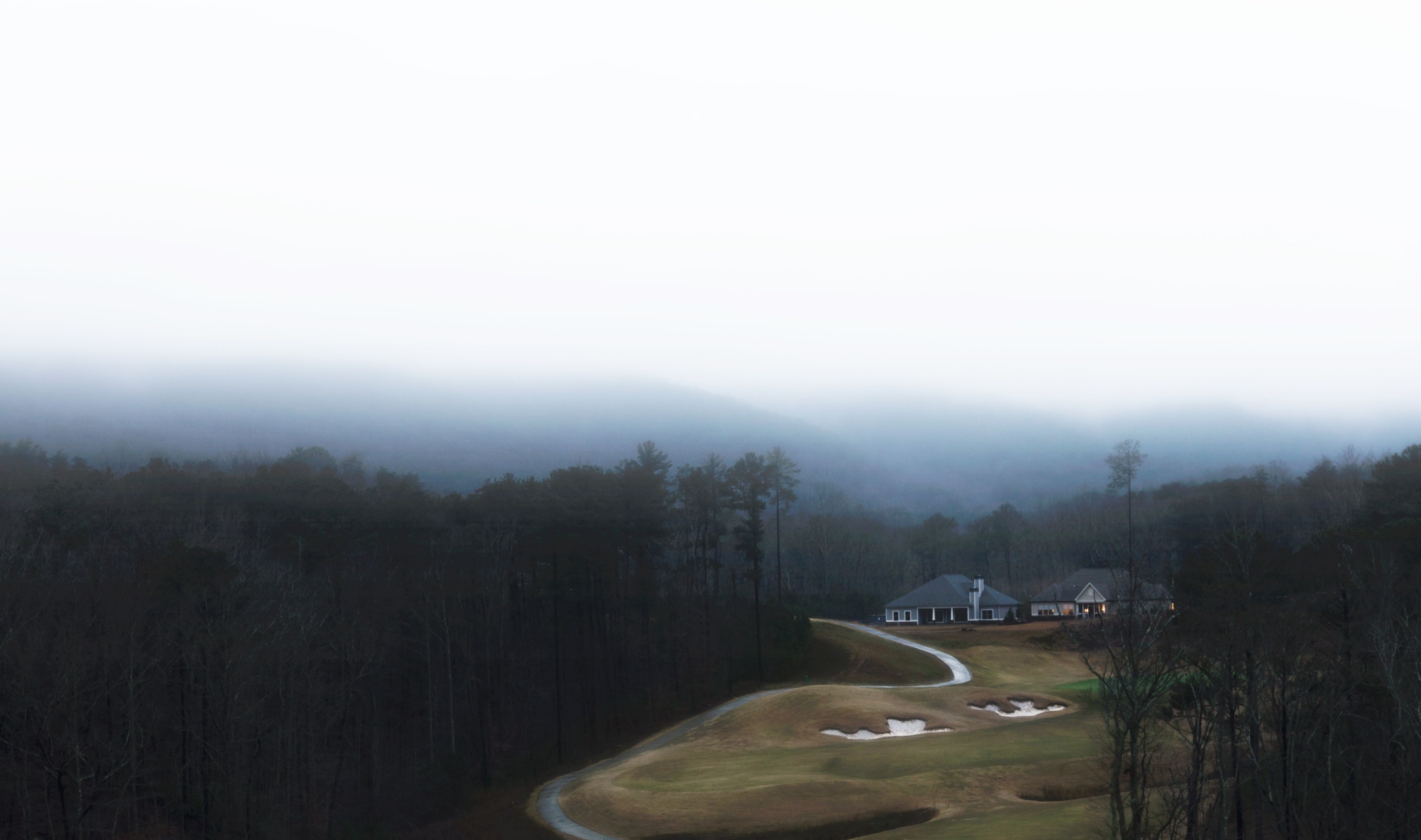 two houses at the edge of a forest surrounded by mist, desolate houses 4k, HD Wallpaper