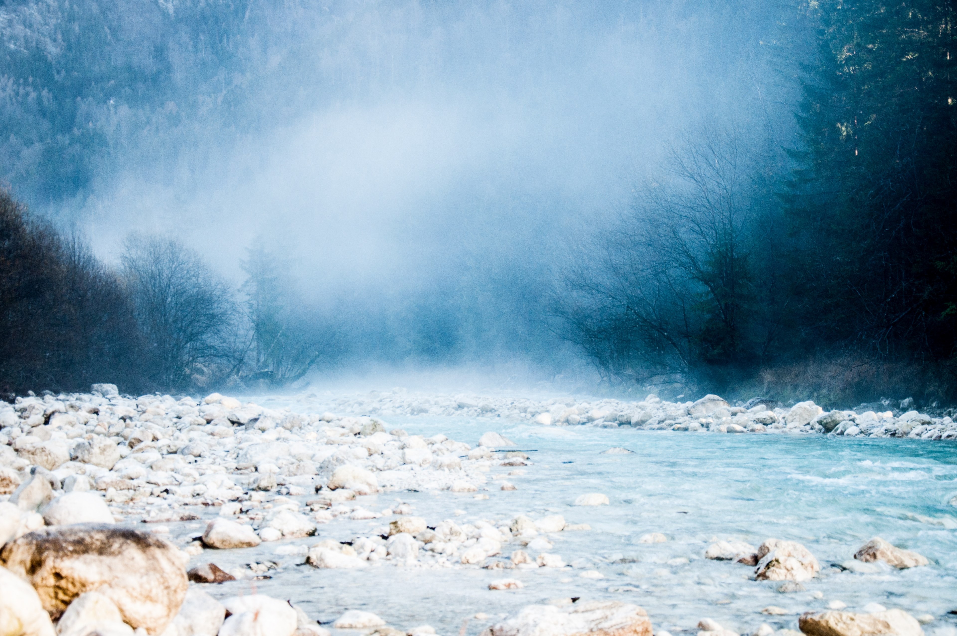 a thick cloud rolling over a rocky stream in the forest, a cloud covered stream 4k, HD Wallpaper