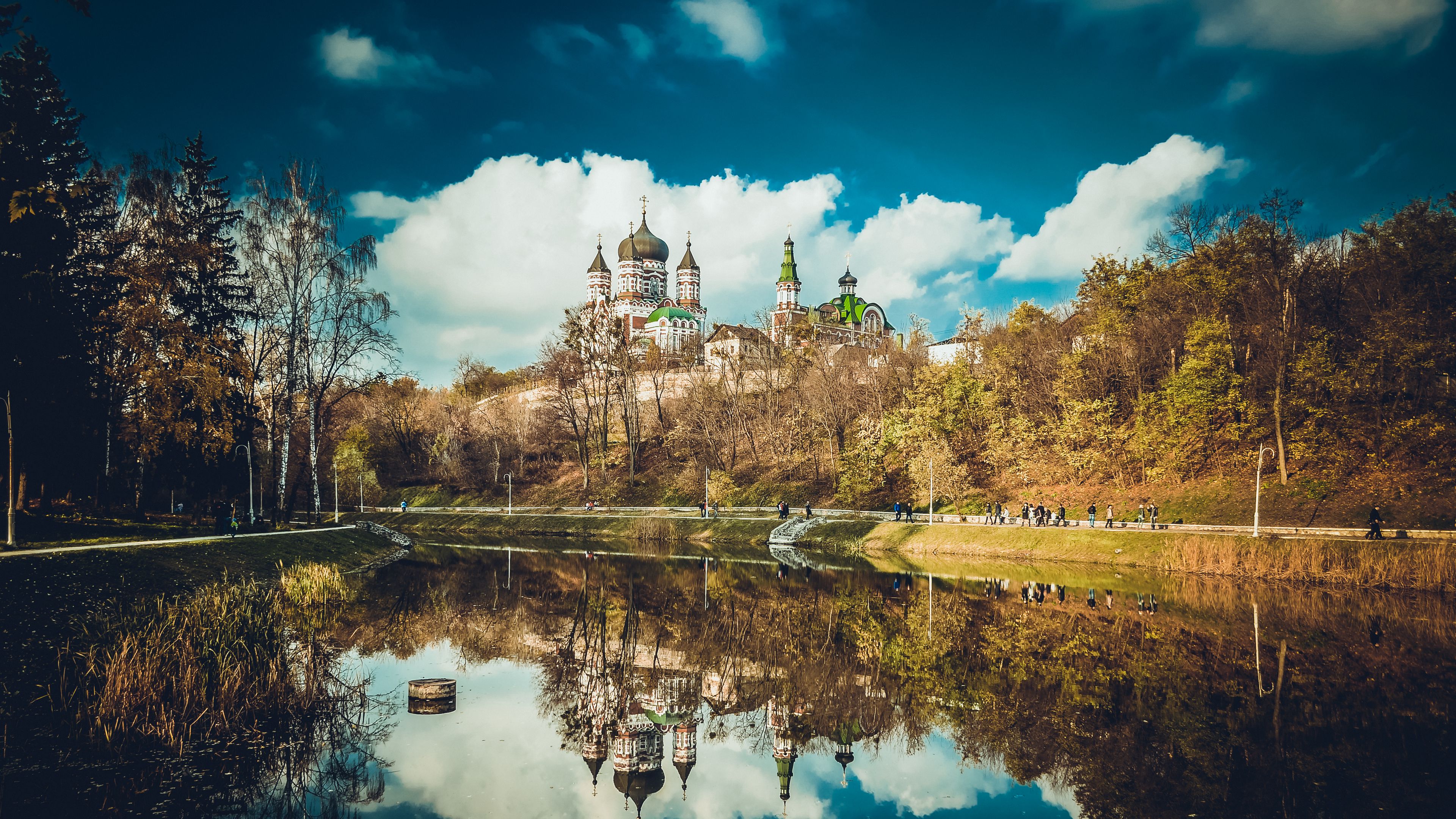 feofania, kiev, cathedral, reflection, pond, 4k, HD Wallpaper