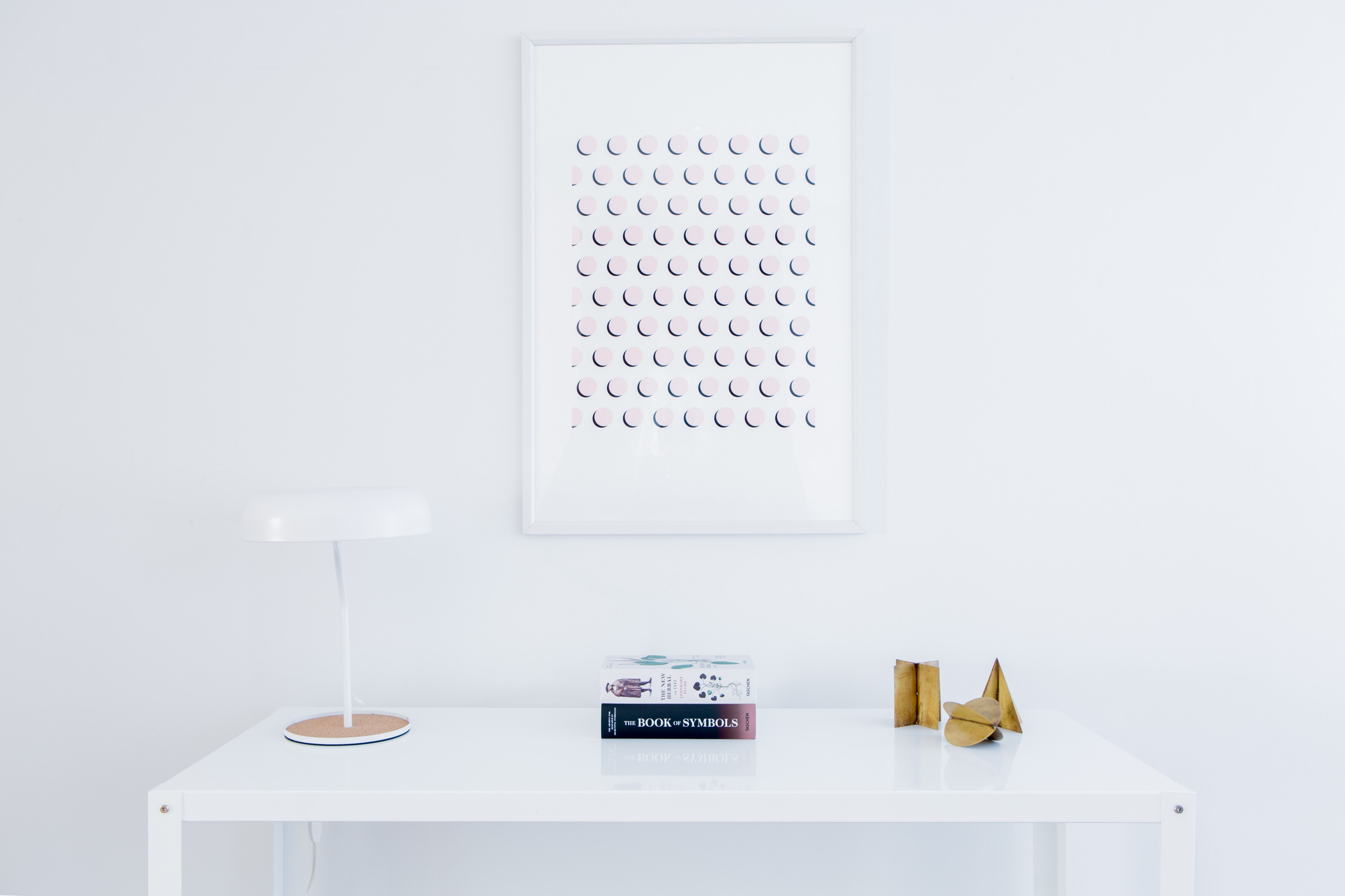 simple artwork hangs over clean white desk, minimal desk and painting 4k, HD Wallpaper