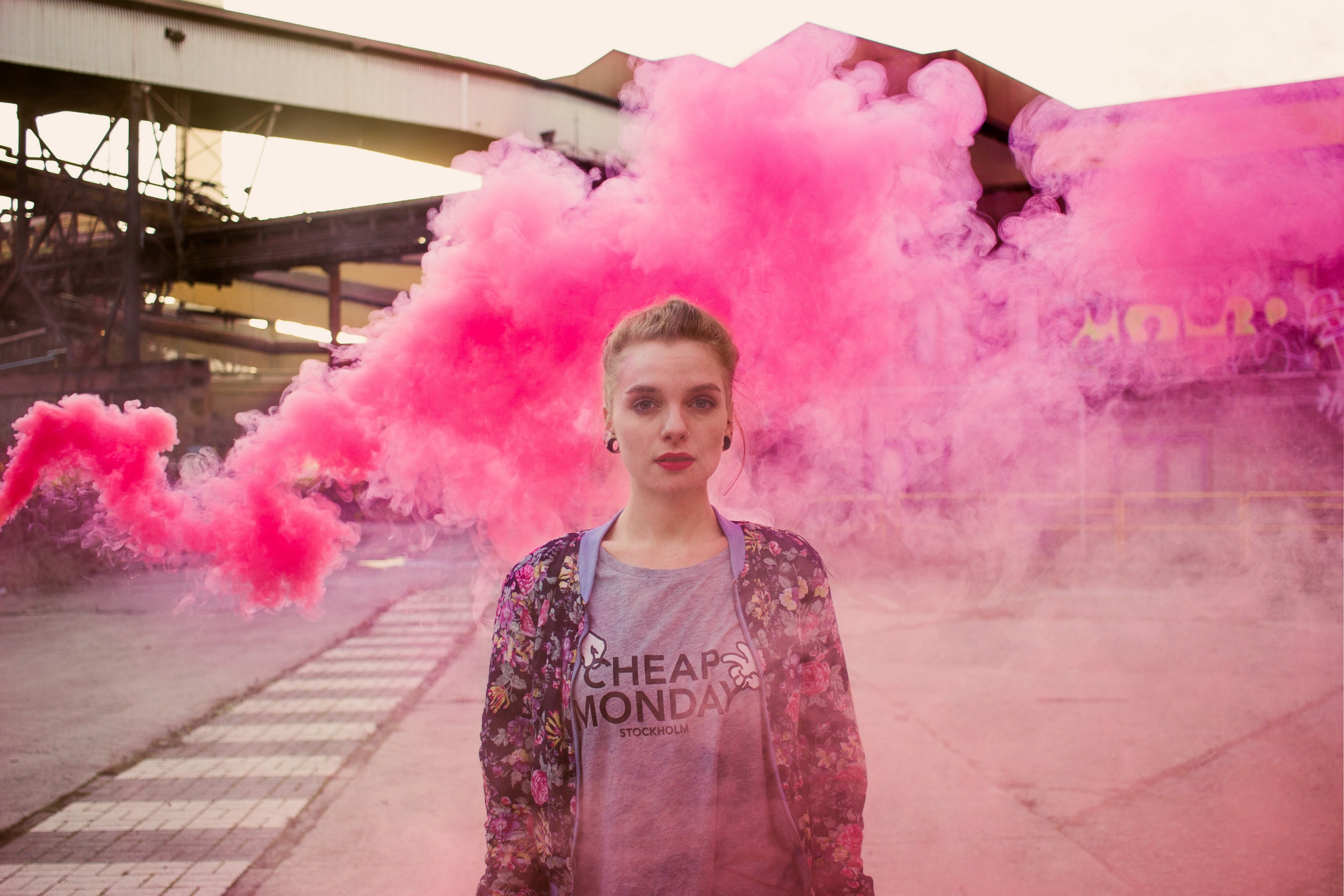 young woman looks pensive in front of a cloud of pink smoke, pink clouds 4k, HD Wallpaper