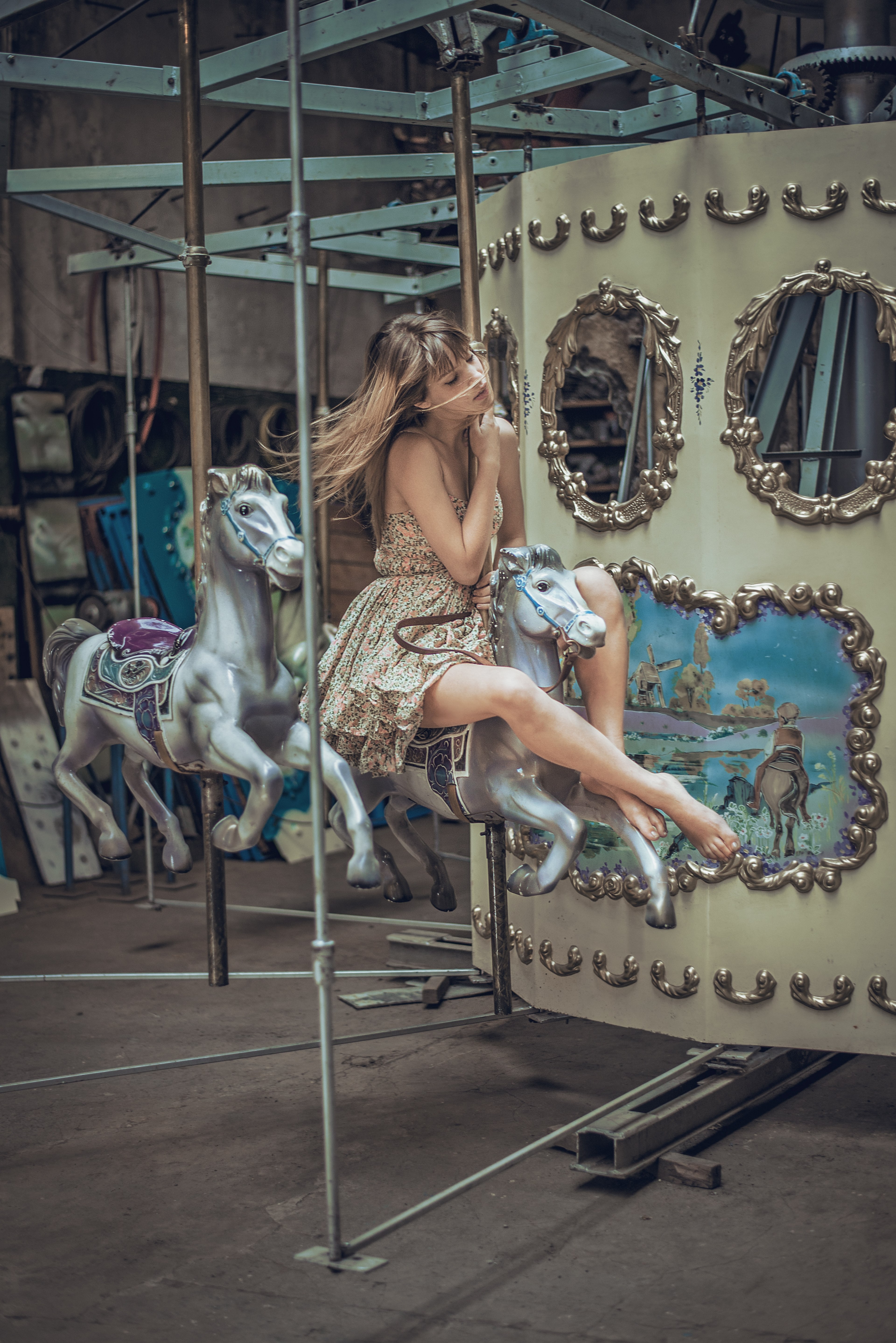 a woman wearing a party dress sitting on a carousel in buenos aires, porteno carrousel 4k, Phone HD Wallpaper